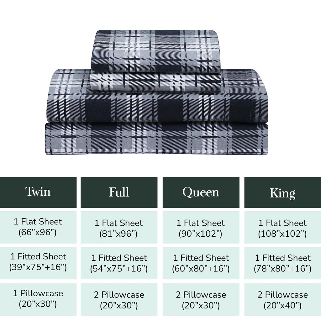Feather & Stitch 100% Cotton Flannel Twin Sheet Set, 3 Piece Brushed Cotton Flannelette Flat Sheet, Winter Fitted Sheet, Heavy Weight Bedding, 16" Deep Pocket (Grey Plaid)