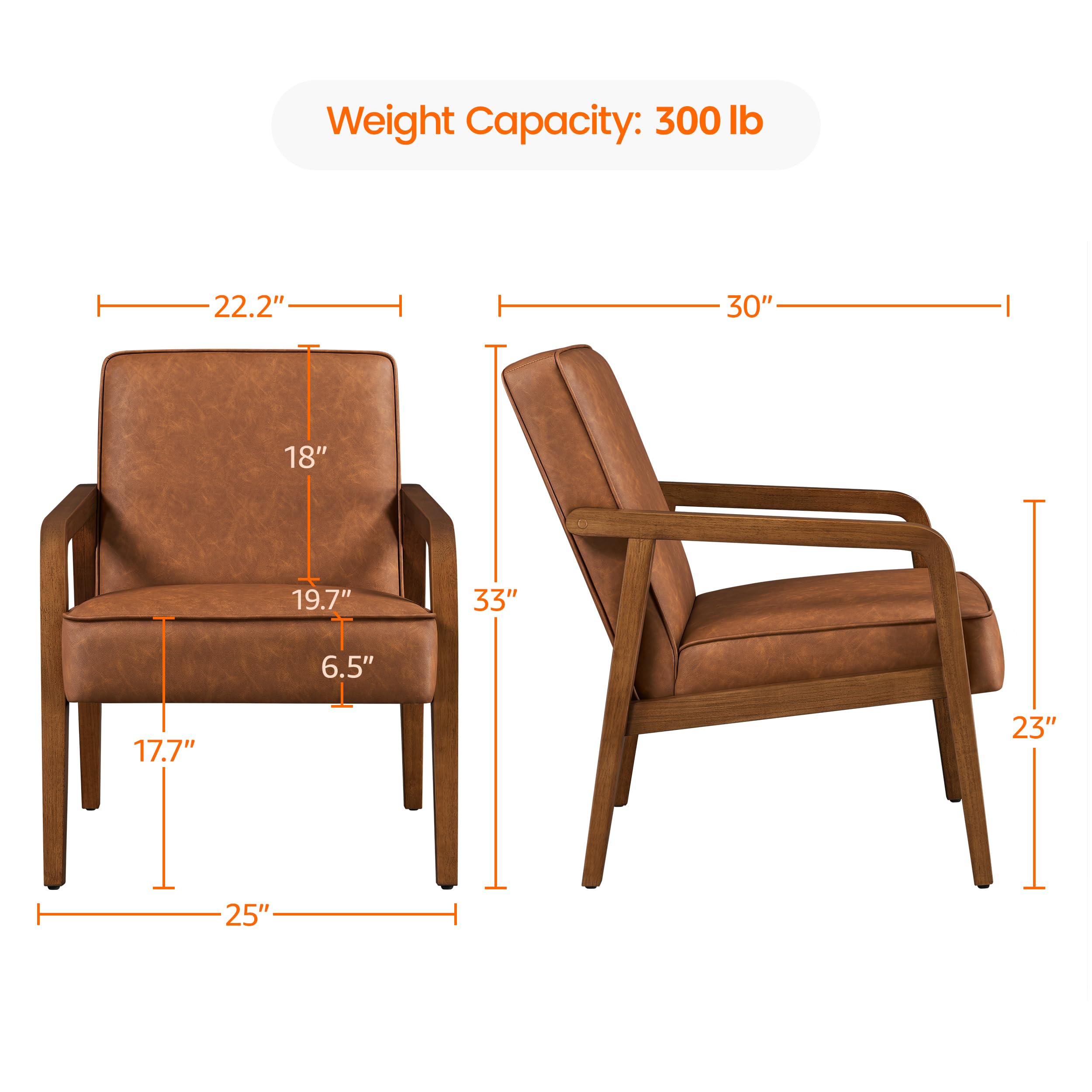 Yaheetech Accent Chair, PU Leather Reading Chair, Mid Century Modern Arm Chair with Solid Wood Frame for Living Room Bedroom Waiting Room, 2 Pieces, Black