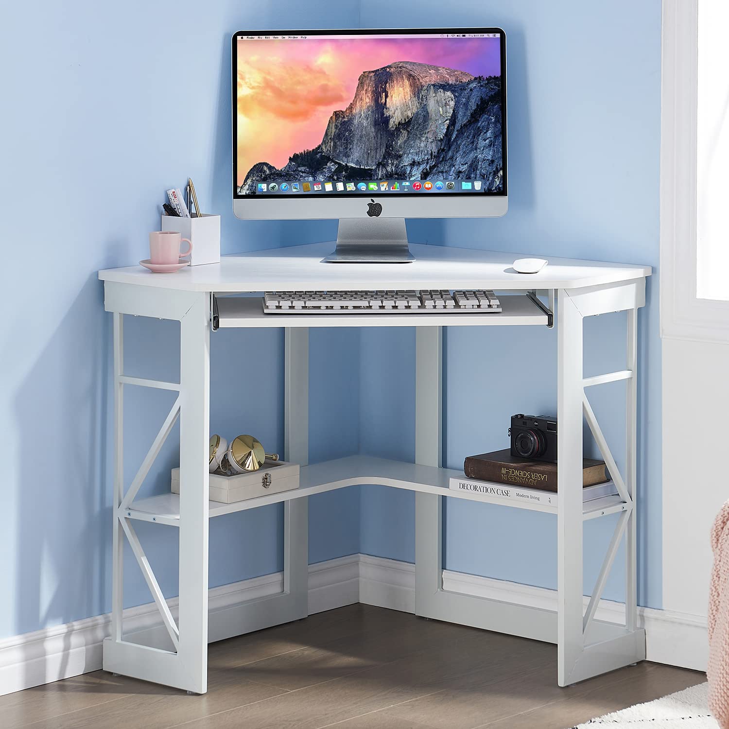 VECELO Corner Desk Computer Desk Writing Table with Smooth Keyboard Tray & Storage Shelves,Compact Home Office Triangle Table,Antique Brown