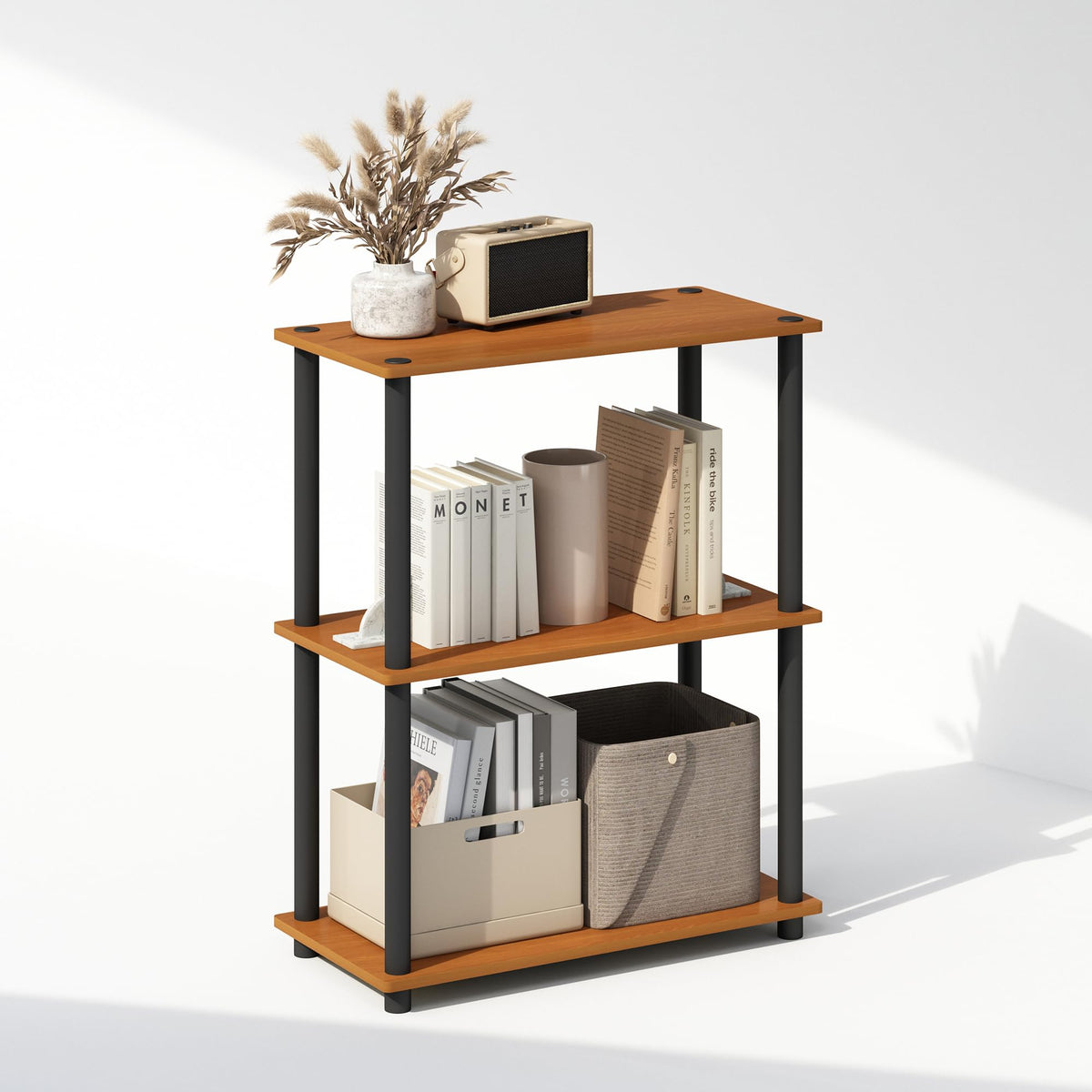 Furinno Turn-N-Tube Book Shelf, 4-Tier Bookshelf, Bookcase with Multipurpose Compact Display Rack, 11.6 x 23.6 x 43.2, for Living Room, Bedroom, Home Office, Americano/Black