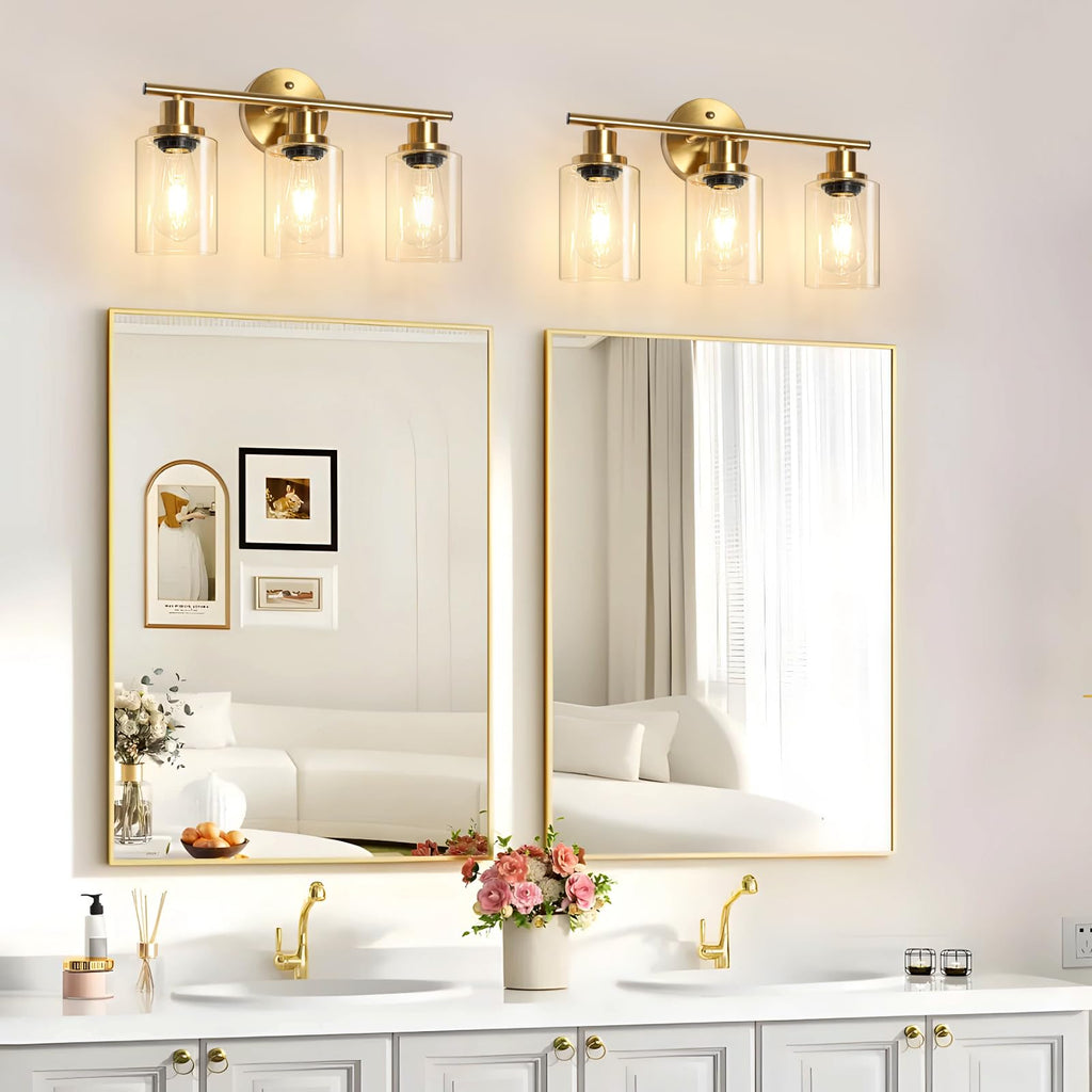 Unicozin 2 Pack Modern Bathroom Light Fixtures, 3 Light Vanity Lights, Black Wall Lamp with Clear Glass for Bathroom, Mirror, Living Room, Bedroom, Hallway, E26 Base