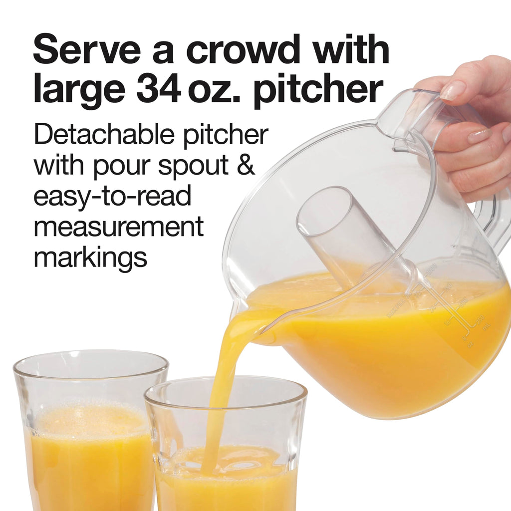 Proctor Silex Electric Citrus Juicer Machine, Large 34 oz. Pitcher, Pressure Activated, 2 Reamers for Big and Small Fruit, Pulp Control, for Orange, Lemon, Grapefruit Juice, White & Green (66340)