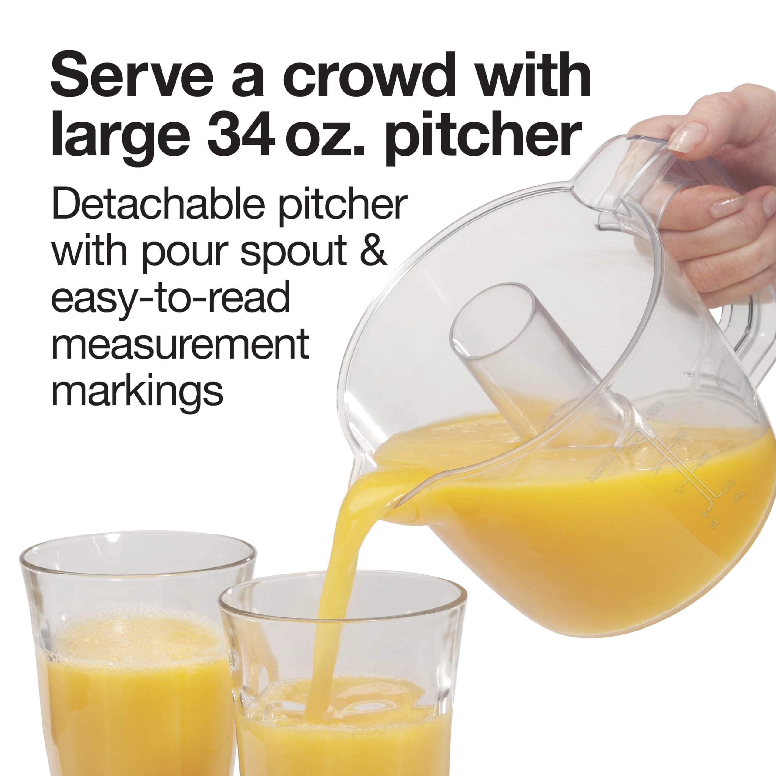 Proctor Silex Electric Citrus Juicer Machine, Large 34 oz. Pitcher, Pressure Activated, 2 Reamers for Big and Small Fruit, Pulp Control, for Orange, Lemon, Grapefruit Juice, White & Green (66340)
