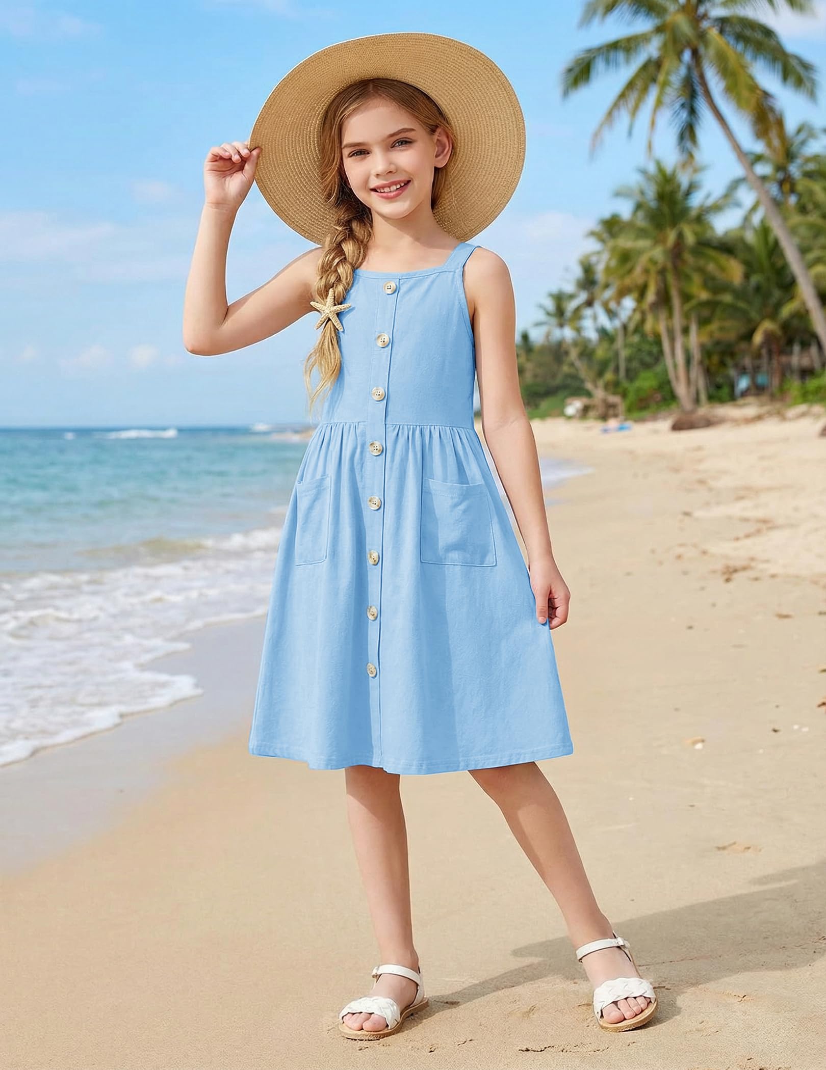 Arshiner Girl's Spaghetti Strap Button Down Midi Sleeveless Summer Casual Sundress A-line Dress with Pockets