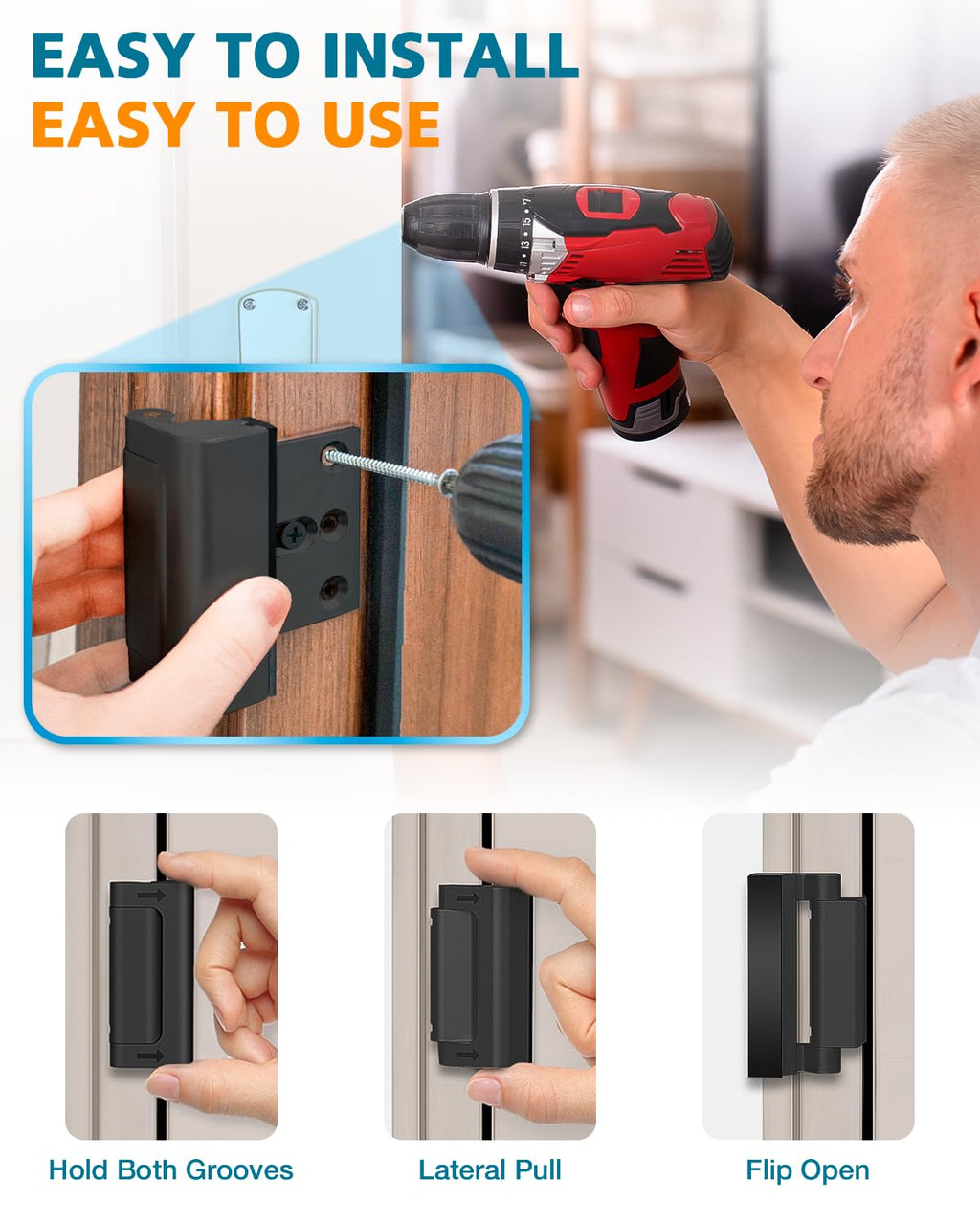 Home Security Door Reinforcement Lock, Child Proof Top Flip Latch for Inward Swinging Front Gate, Premium Safety Protection Guard Withstands 800 lbs, High Placement Metal Lockout Device