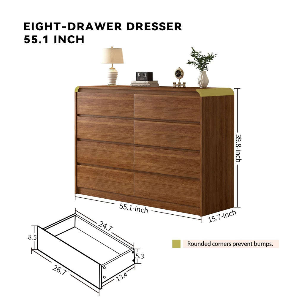 Messenya Modern 6 Drawer Dresser, 47-Inch Wood Chest of Drawers, Curved Anti-Collision Design, Mid-Century Storage Cabinet, Pre-Embedded Slots, for Bedroom, Living Room, TV Stand, Nursery