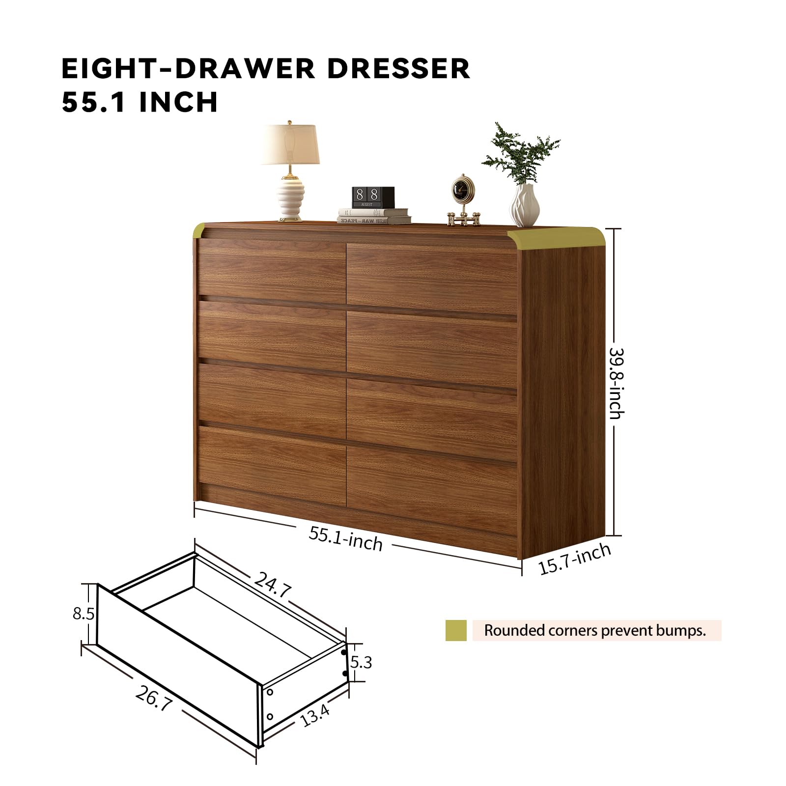 Messenya Modern 6 Drawer Dresser, 47-Inch Wood Chest of Drawers, Curved Anti-Collision Design, Mid-Century Storage Cabinet, Pre-Embedded Slots, for Bedroom, Living Room, TV Stand, Nursery