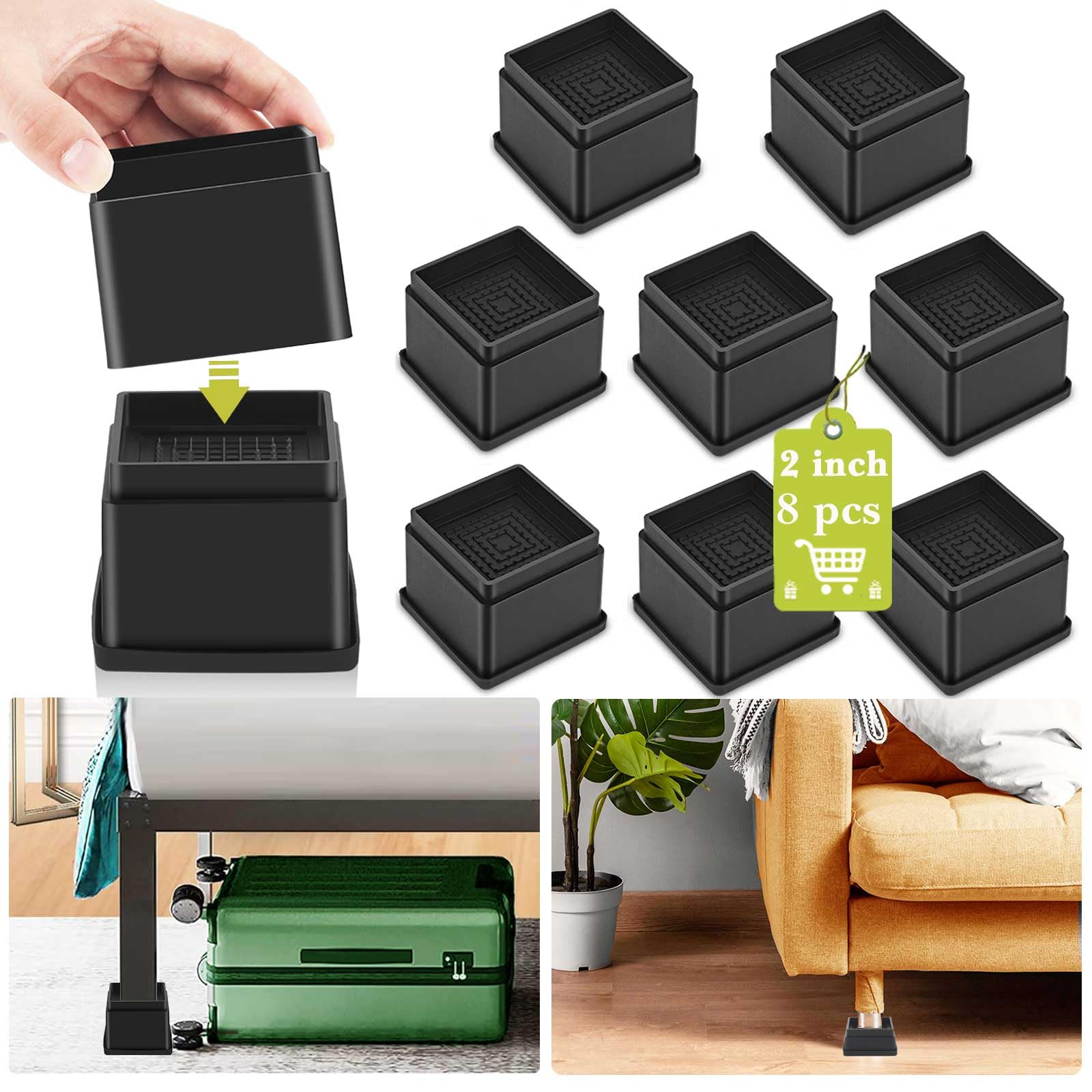 12 Pack Furniture Risers 1 Inch, Adjustable Bed Risers Heavy Duty for Table Desk Couch Chair Sofa Cabinet Bed Frame Dorm, Square Stackable Table Leg Risers Lift Height 1", 2" or 3", Black