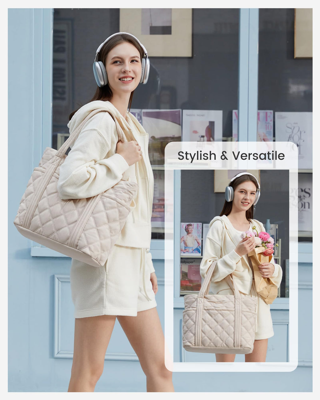 LOVEVOOK Puffer Tote Bag for Women, Puffy Work Handbag with Cup Holder, Travel Carry On Bag with Zipper for Teacher Nurse Gym