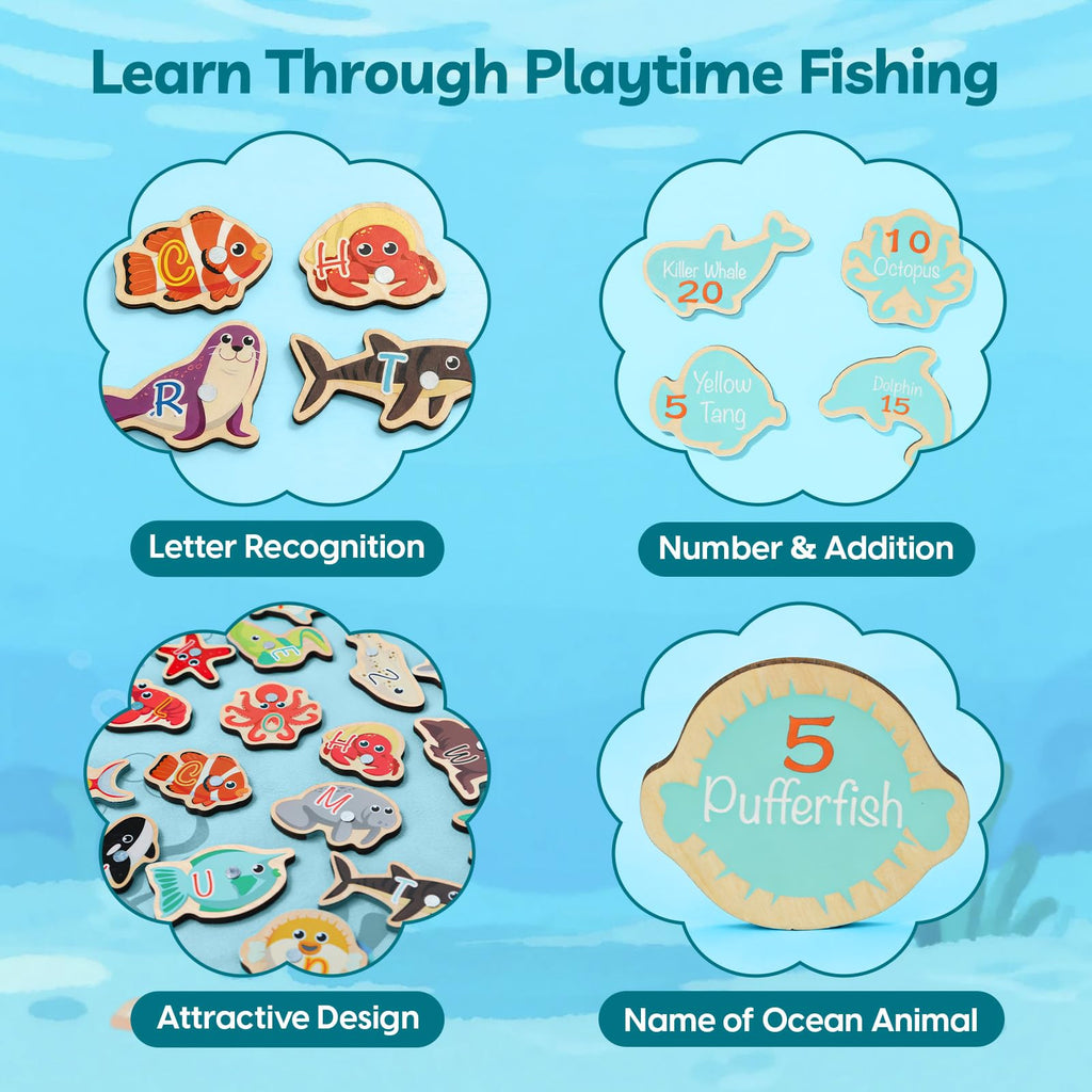 TOP BRIGHT Montessori Toddler Fishing Game - Kids Wooden Magnetic Fishing Toys Gifts for 3 Years Old Girls Boys, Fine Motor Skills for Toddler