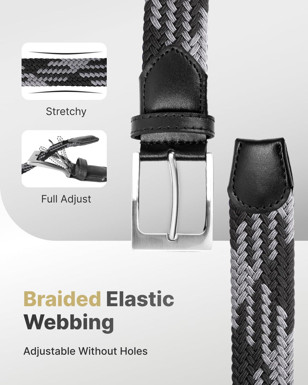 FAIRWIN Men's Golf Belt, Stretch Braided Elastic Woven Casual Jeans Belts 1 3/8" Nylon Web Work Belts for Men