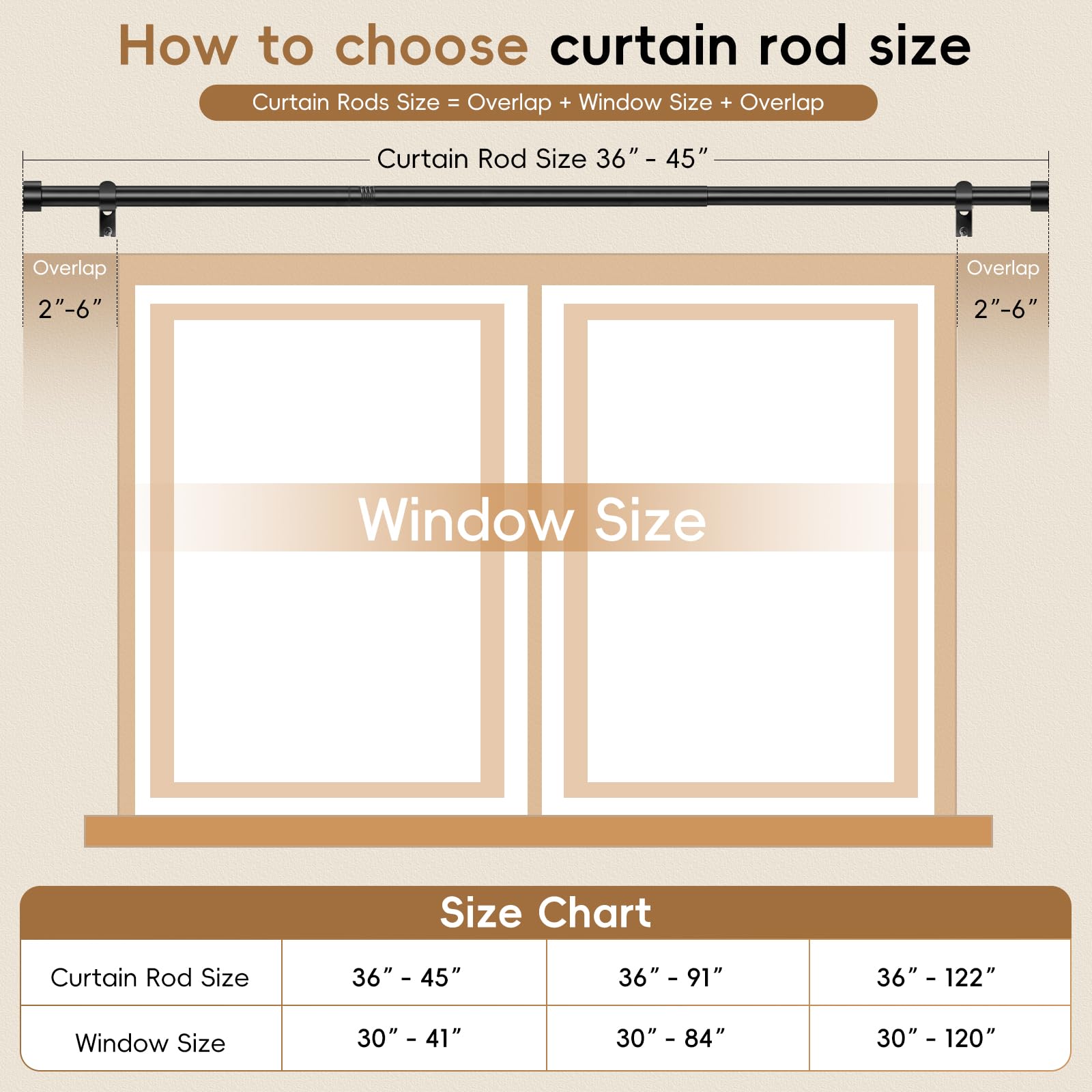 OLV Black Curtain Rod 36 to 45 Inch, 1 Inch Adjustable Modern Curtain Rods for Windows, Decorative Heavy Duty Window Treatment Rods with End Cap Finials, Telescopic Splicing Drapery Pole, Easy Install