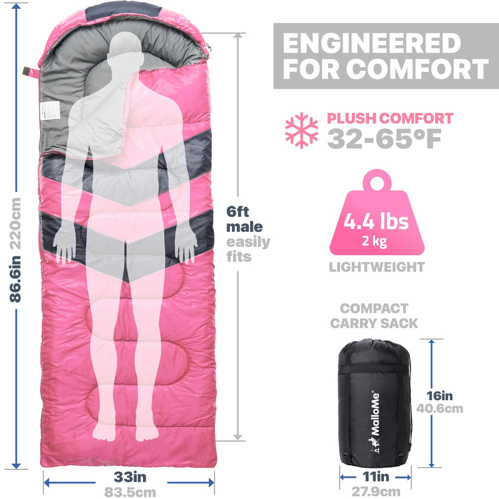 MalloMe Sleeping Bags for Adults Cold Weather & Warm - Backpacking Camping Sleeping Bag for Kids, Girls, Boys - Lightweight Camping Essentials Gear Accessories Hiking Sleep Must Haves Single & Double