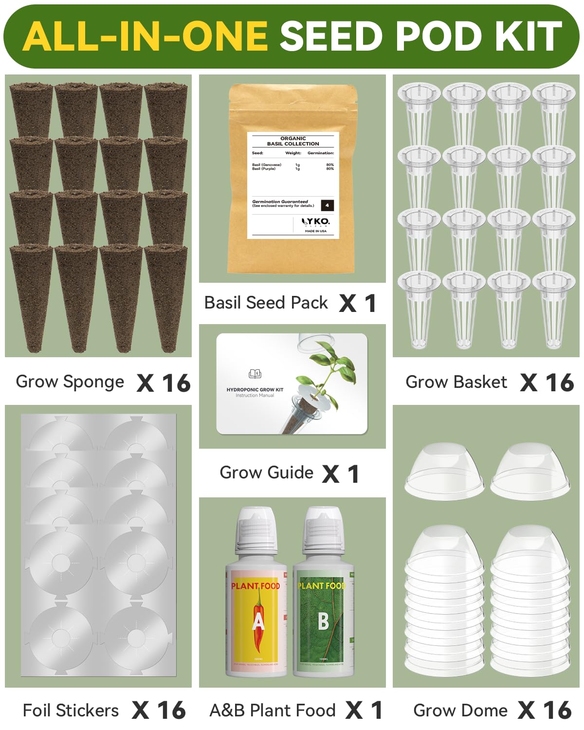 Hydroponics Seed Pod with Genovese Basil & Purple Basil, 8 Pods Complete Kit with Sponge, Basket, Dome, Label, Compatible with AeroGarden, Ahopegarden, GARDENCUBE, iDoo & MUFGA Indoor Smart Gardens