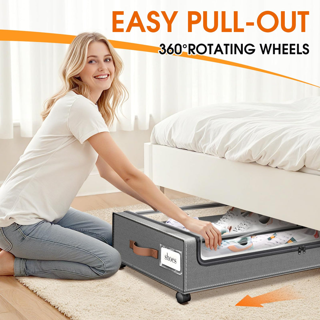 SpaceHacks Under Bed Storage with Wheels 1Pack Underbed Storage with Clear Window&Label Under Bed Drawers Large Capacity Rolling Under Bed Storage for Clothes,Shoes, Blankets (Beige)