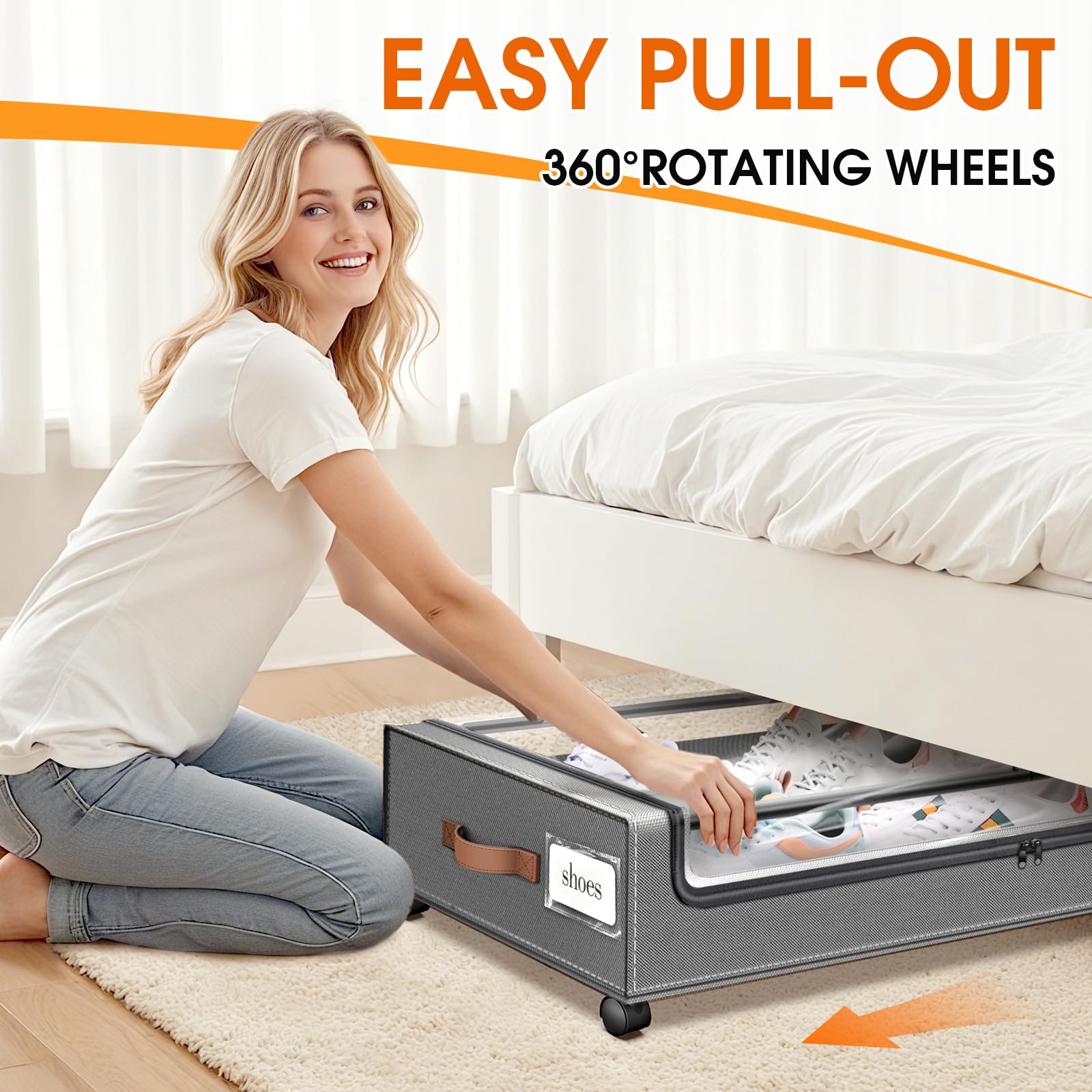SpaceHacks Under Bed Storage with Wheels 1Pack Underbed Storage with Clear Window&Label Under Bed Drawers Large Capacity Rolling Under Bed Storage for Clothes,Shoes, Blankets (Beige)
