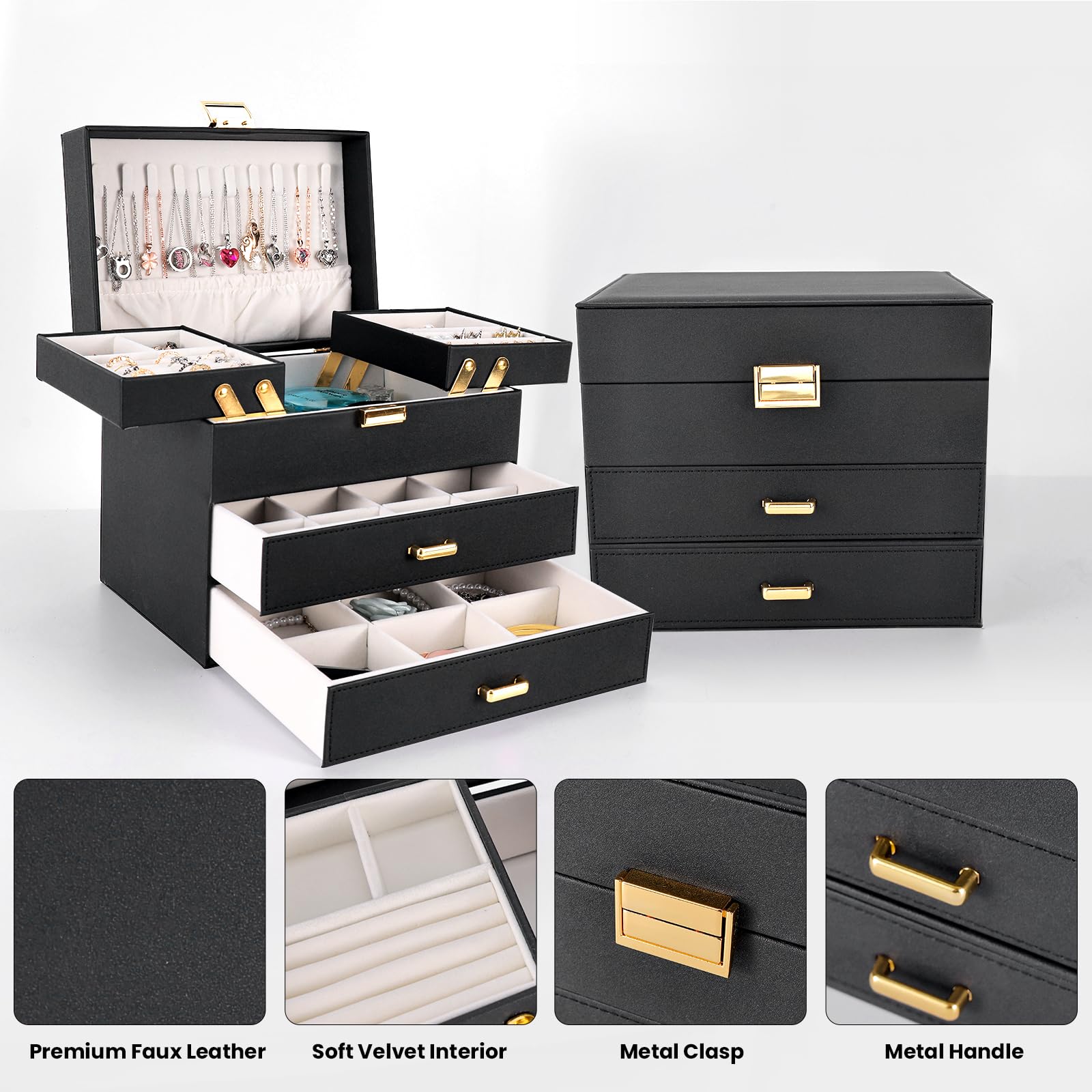Dajasan Jewelry Organizer Box, Large Jewelry Boxes for Women Girls, Space-Saving 4 Layers Jewelry Storage Case with Drawer, Movable Metal Stand, Modern, Gift Idea (Green)