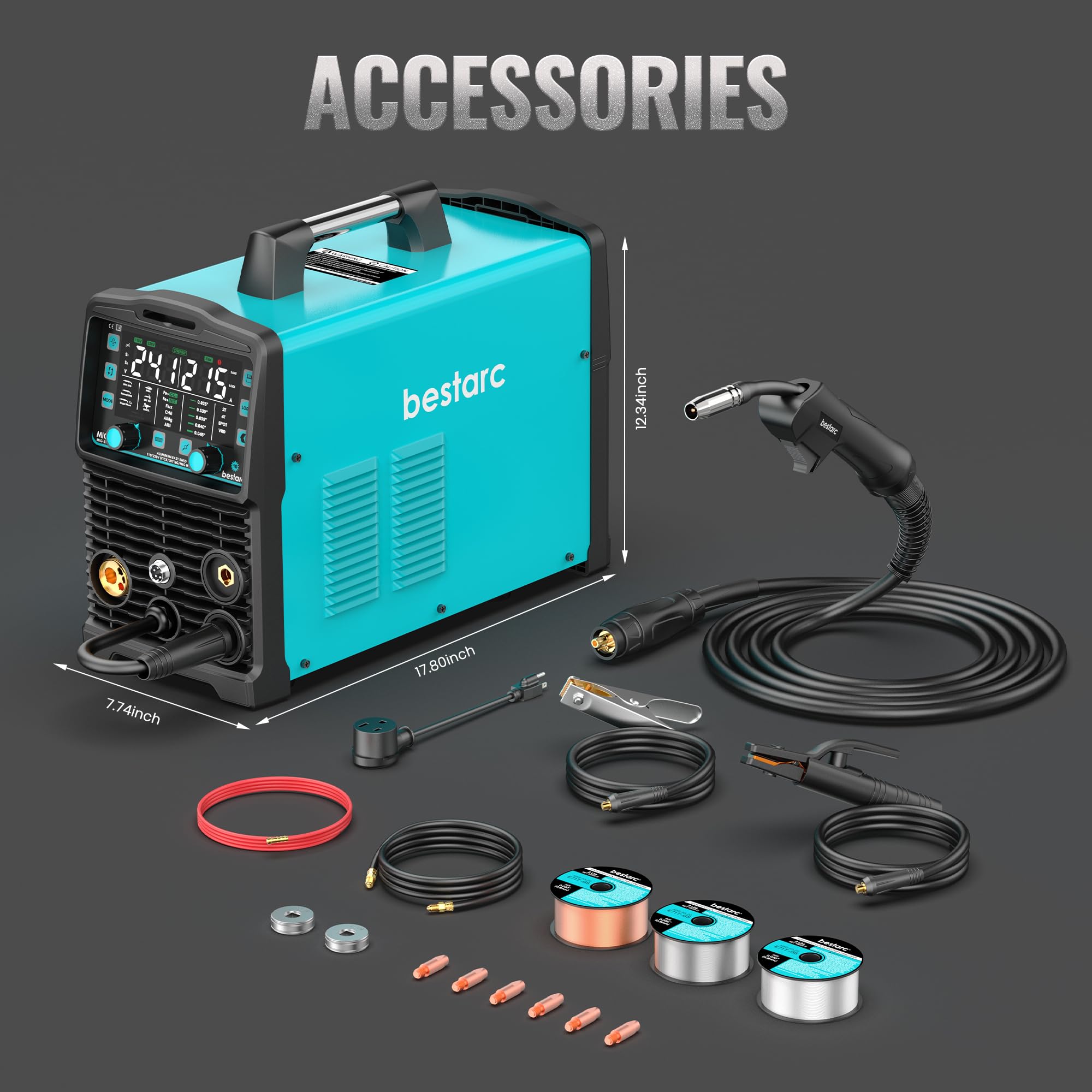 Bestarc 145A MIG Welder, 110V 220V 4 in 1 Gas/Flux Core MIG/Lift TIG/Stick Welder Machine, Large LED Display Welding Machine, IGBT Inverter Welder MIG145 Soild Gasless Synergy MIG Welder