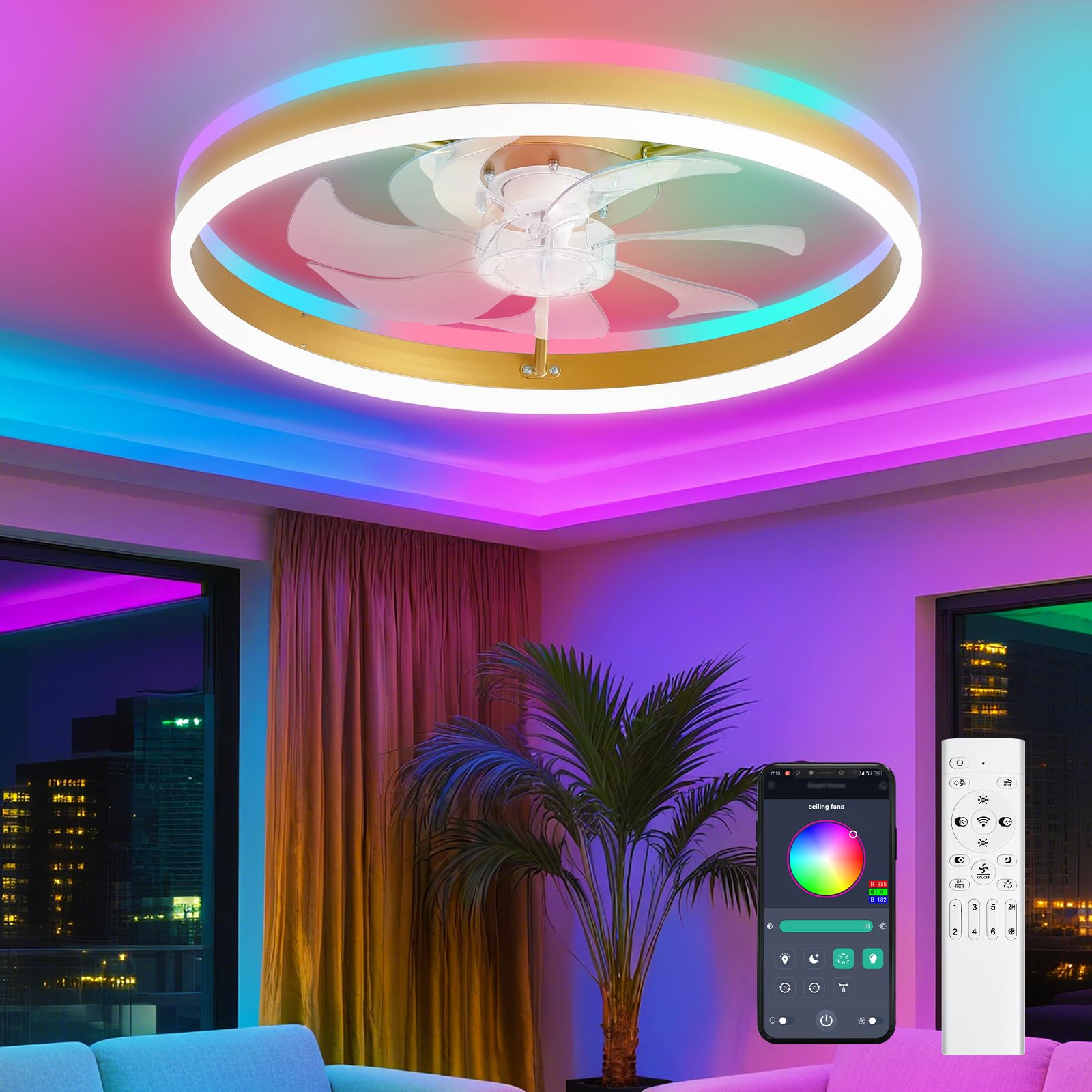 16 Inch RGB Low Profile Ceiling Fans with Lights, Modern Flush Mount Fandelier Chandelier Fixture, Remote & APP Control, Black LED Ceiling Fan Light for Bedroom, Living Room, Kitchen Indoor