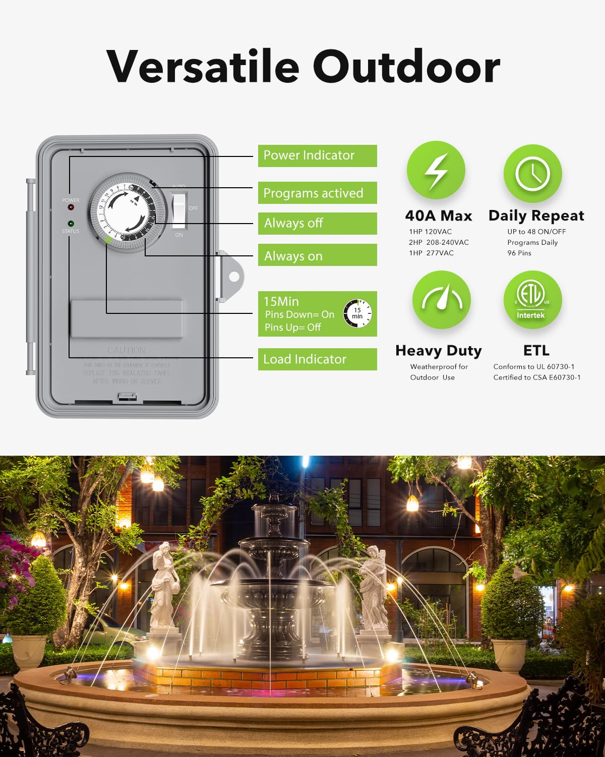 BN-LINK Pool Pump Timer, Outdoor Timer Box, Heavy Duty, 2HP 40A Max, 120, 240, 277 VAC, for Pool Pump, Water Heater, Fans, SPA, ETL Listed (Digital)