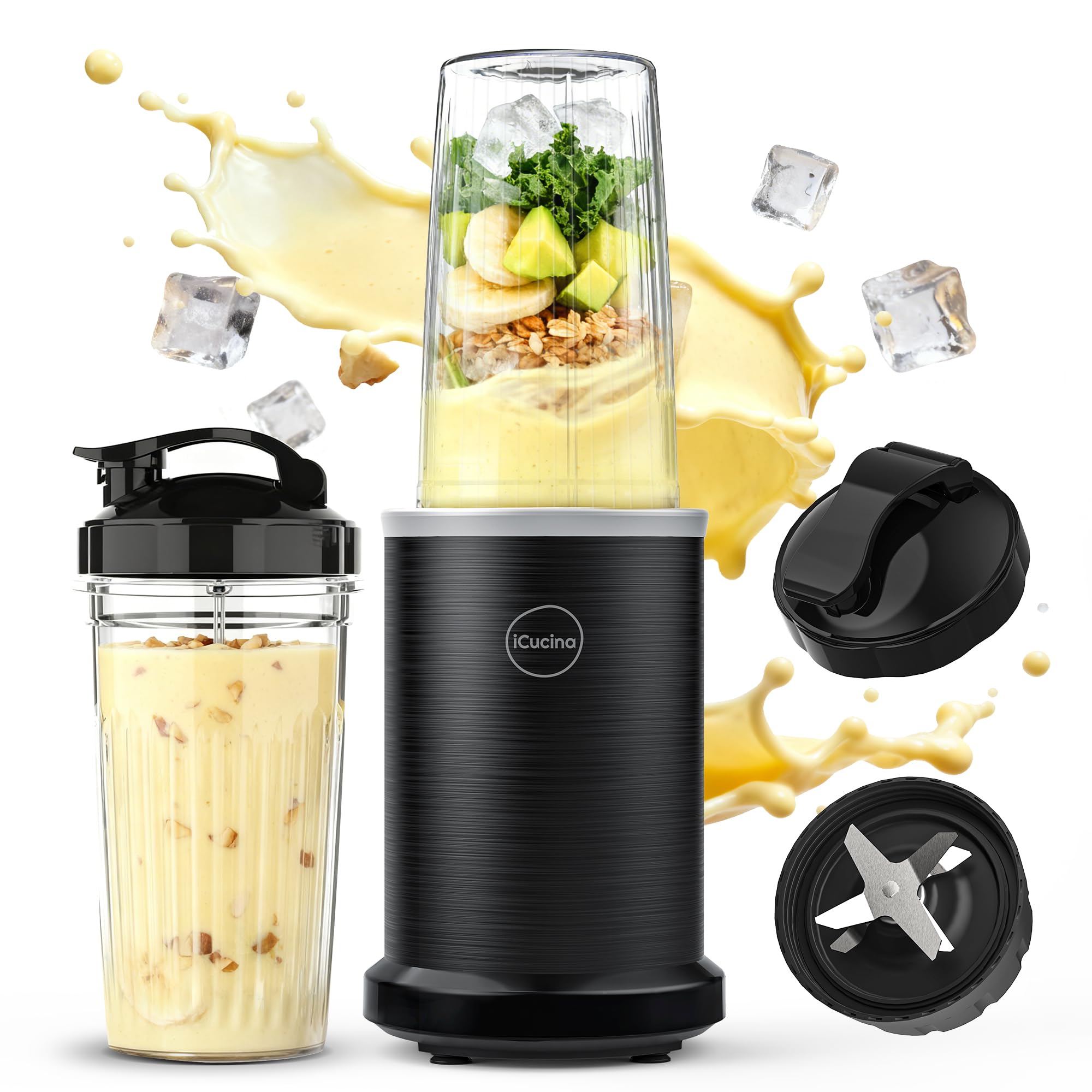 iCucina Smoothie Blender, Personal Blender for Shakes and Smoothies, 700W Pulse Technology Single Serve Blenders with 2 x 28oz Protable Cups for Ice Crush, Frozen Fruit Drinks
