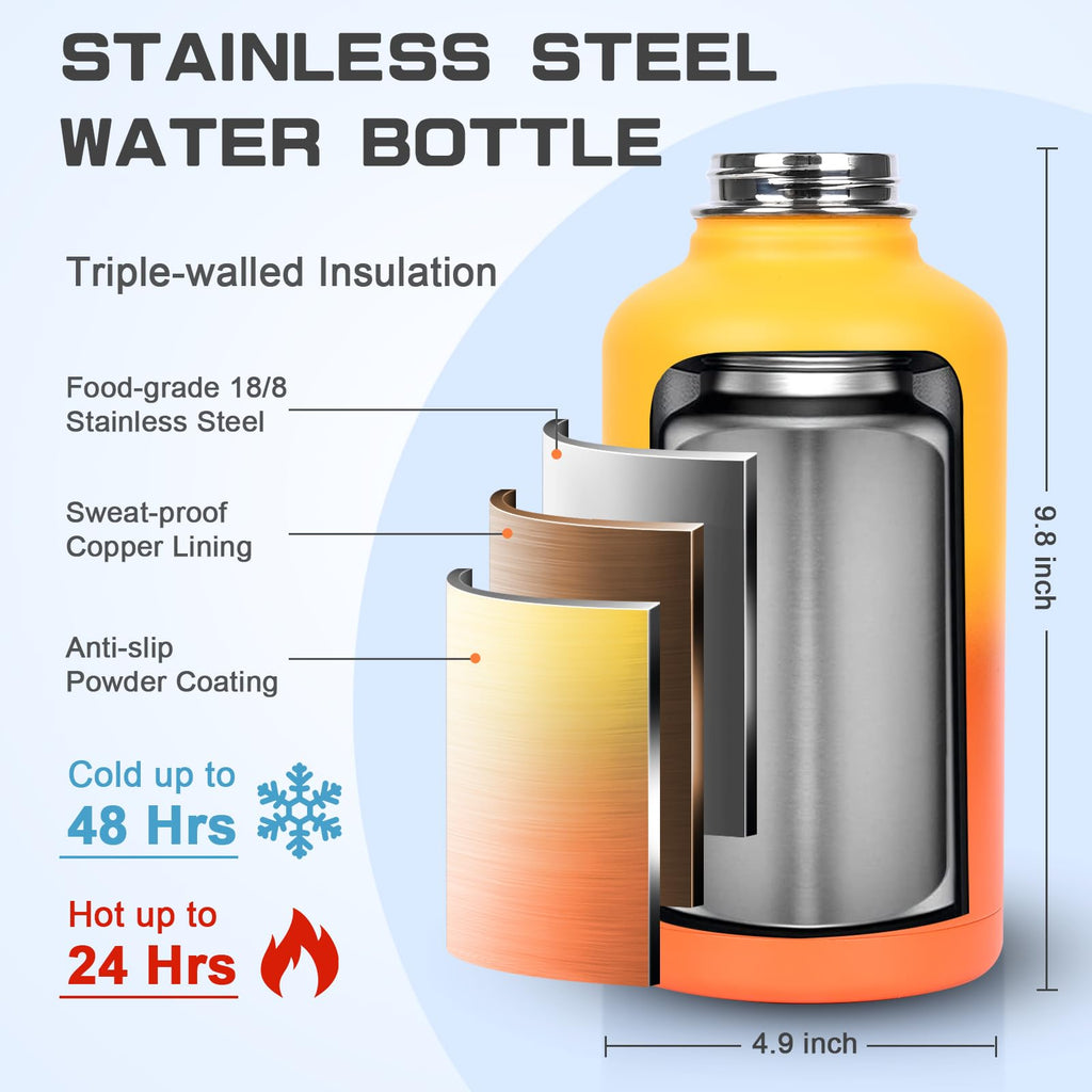 GAZLEMHO 40 oz Insulated Water Bottle with Straw& Spout 2-in-1 Lid, Triple Wall Vacuum Stainless Steel Cold 48H, Leak Proof Sports Metal Flask Jug with Paracord Handle, Black