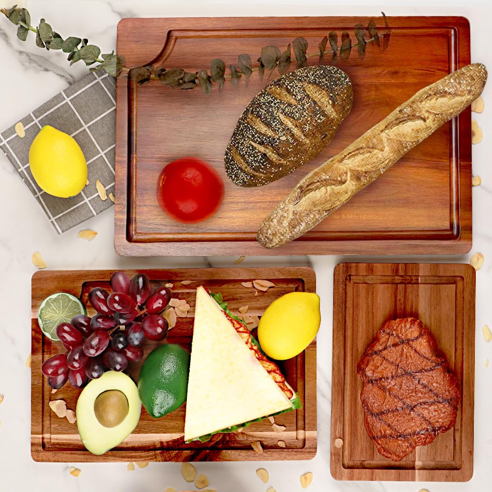 AIDEA Wood Cutting Board, Wooden Cutting Boards for Kitchen, Acacia Wood Chopping Board Set of 3 with Deep Juice Groove, for Meat, Vegetables, and Fruit