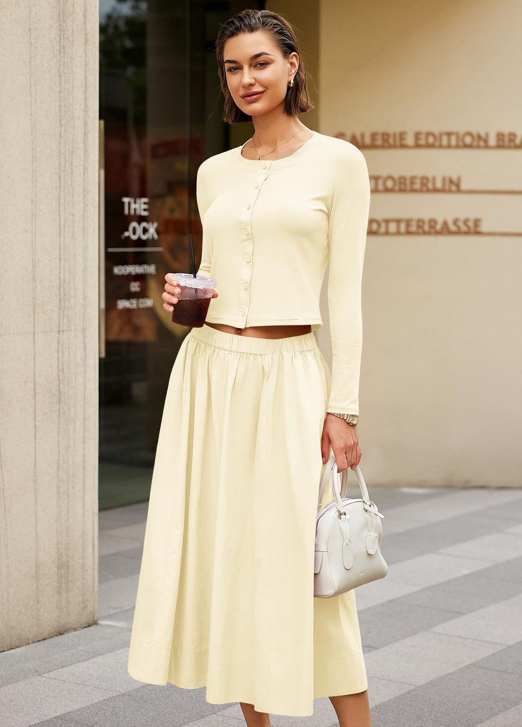 Panadila Womens 2 Piece Lounge Sets Matching Vacation Outfits Ribbed Button Down Cardigan and Elastic Waist Skirt Sets