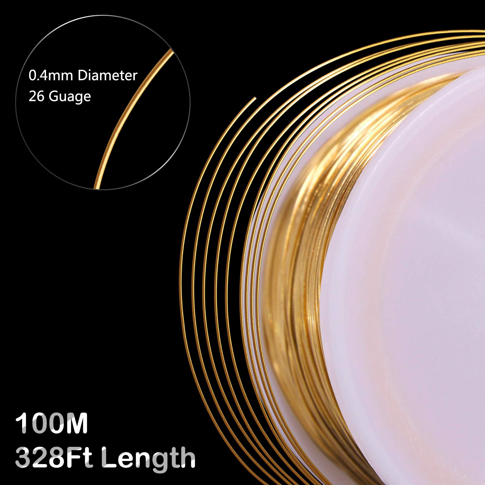 MIKIMIQI Jewelry Wire - 328Ft, 26 Gauge, Tarnish Resistant, Copper, 0.4mm X 100m (Gold)