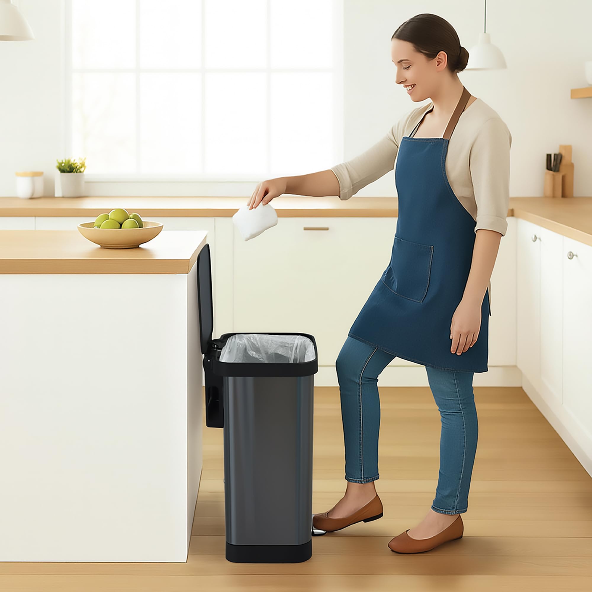 Glad 13 Gallon All Brushed Stainless Steel Trash Can with Clorox Odor Protection | Large Metal Kitchen Garbage Bin with Soft Close Lid, Garbage Bag Rings, Step On Foot Pedal and Waste Bag Roll Holder