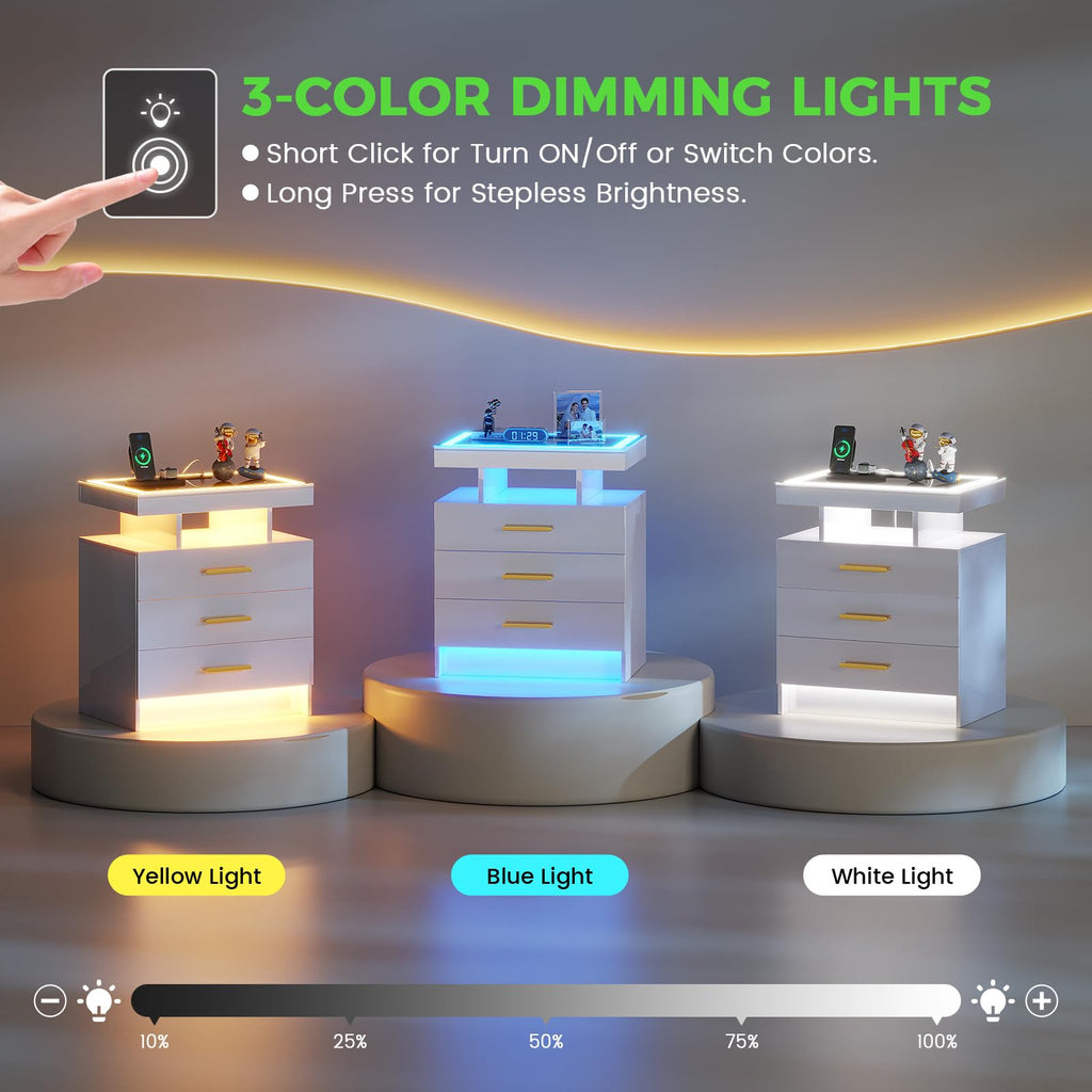 HNEBC LED Nightstand with Charging Station,Smart Bedside Table with Motion Sensor Lights,3 Drawers,Tempered Glass Top,High Gloss End Table with 3 Color Lights for Bedroom, Living Room,Office-Black
