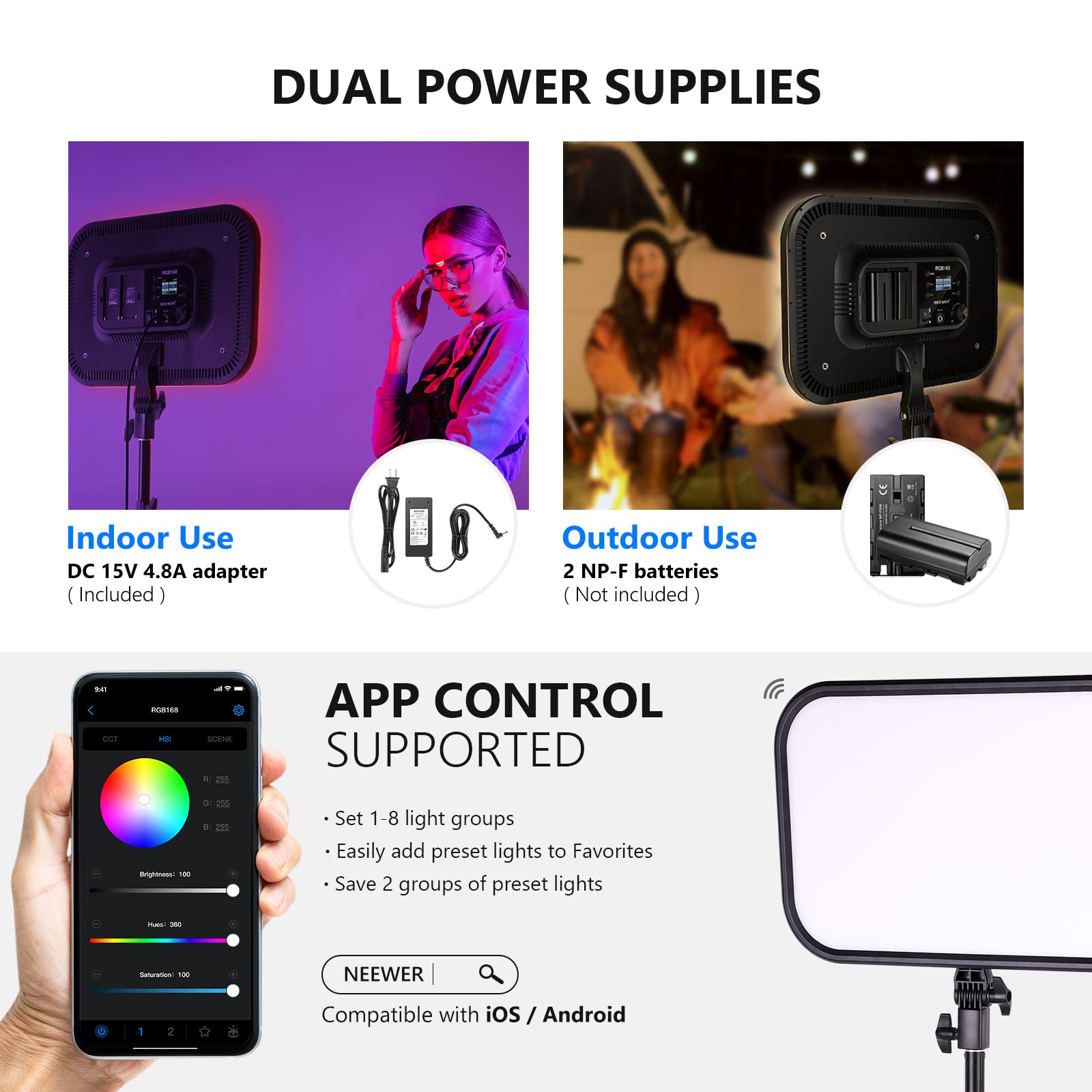 NEEWER RGB168 18.3" RGB LED Video Panel Light with App Control, Bluetooth, 2 Pack Tripod Stand Kit, 60W/360° Full Color/2500-8500K/CRI97+, Studio Photography/YouTube/Game Streaming