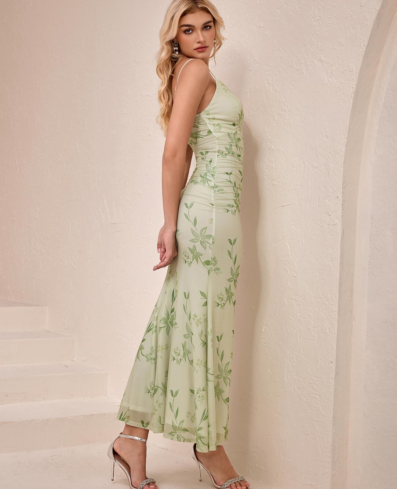 GLNEGE Women's Floral Wedding Guest Formal Maxi Dress Bodycon Spaghetti Strap V Neck Elegant Cocatail Dresses