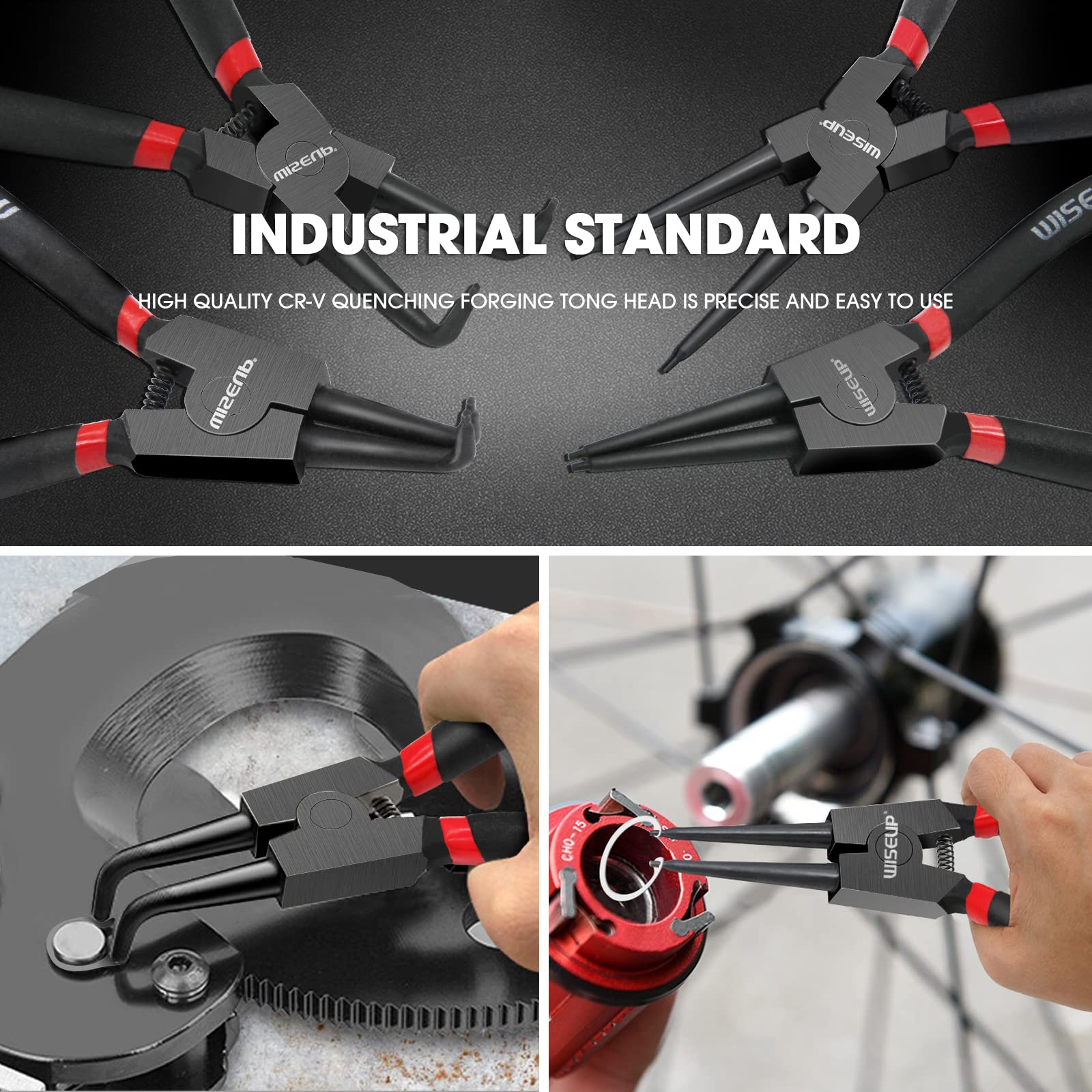 WISEUP Snap Ring Pliers Set, Heavy Duty 4PCS-7 inch Internal/External Circlip Pliers Kit, Straight/Bent Jaw Tips for C-Clip Ring Remover