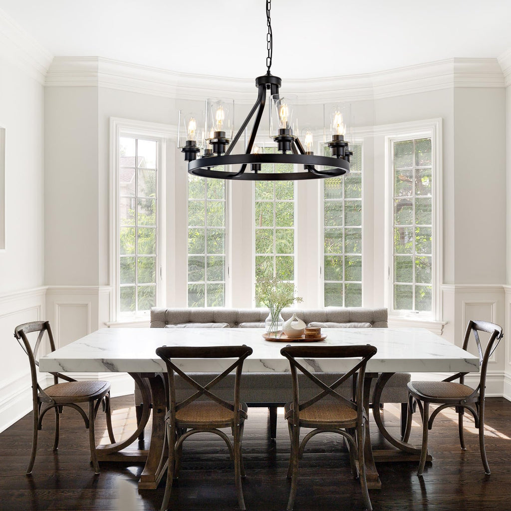 Lanhall 6-Light Modern Dining Room Light Fixture Brushed Nickel Kitchen Chandelier Ceiling Hanging Pendant Lighting with Glass Shade for Living Room Bedroom Entryway Adjustable Height Metal E26