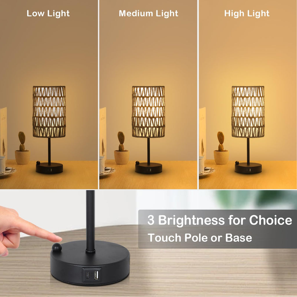 Rattan Bedside Table Lamps Set of 2 - Boho Lamps With 3 Color Temperatures & USB AC Port, Pull Chain Table Lamp For Bedroom, Cute Small Lamp For Nightstand Office Desk Bed Side End Table Living Room
