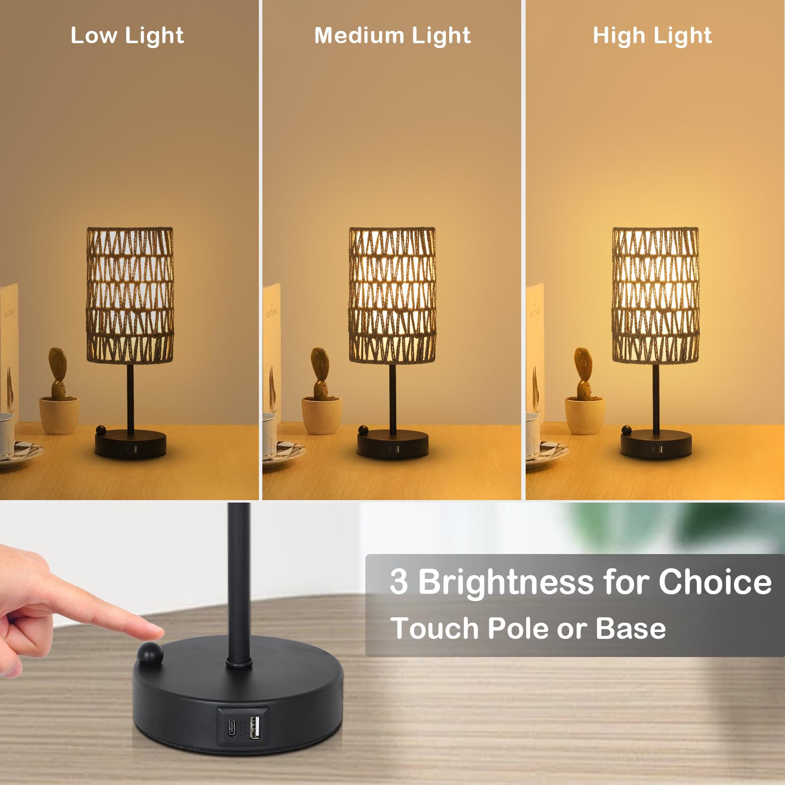 Rattan Bedside Table Lamps Set of 2 - Boho Lamps With 3 Color Temperatures & USB AC Port, Pull Chain Table Lamp For Bedroom, Cute Small Lamp For Nightstand Office Desk Bed Side End Table Living Room