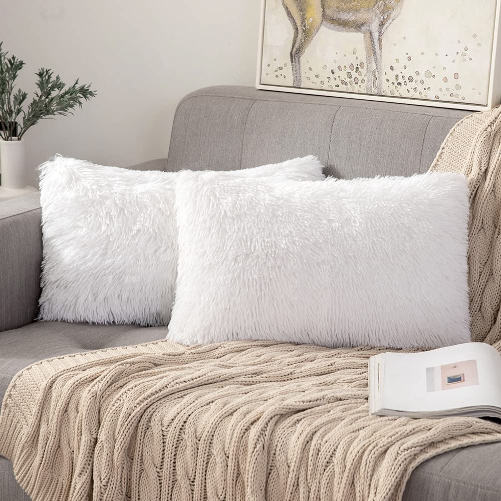 ANRODUO Pack of 2 Baby Pink Throw Pillow Covers Luxury Fluffy Pillows Faux Fur Decorative Pillows Plush Cushion Case Fuzzy Mongolian Merin Style for Bed Couch Sofa Living Room Summer Decor 16x16 Inch