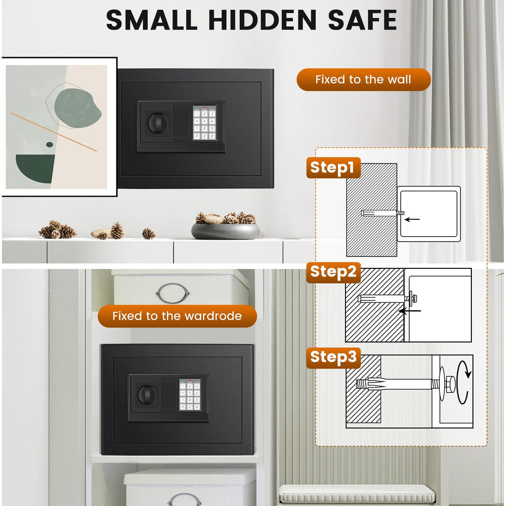 Home Safe Box, Safes with Fireproof Waterproof Bag, 9.84'' H Anti-Theft Digital Security Lock Box with Smart Alert System, Removable Shelf, Mute Function, Document Safes for Jewelry