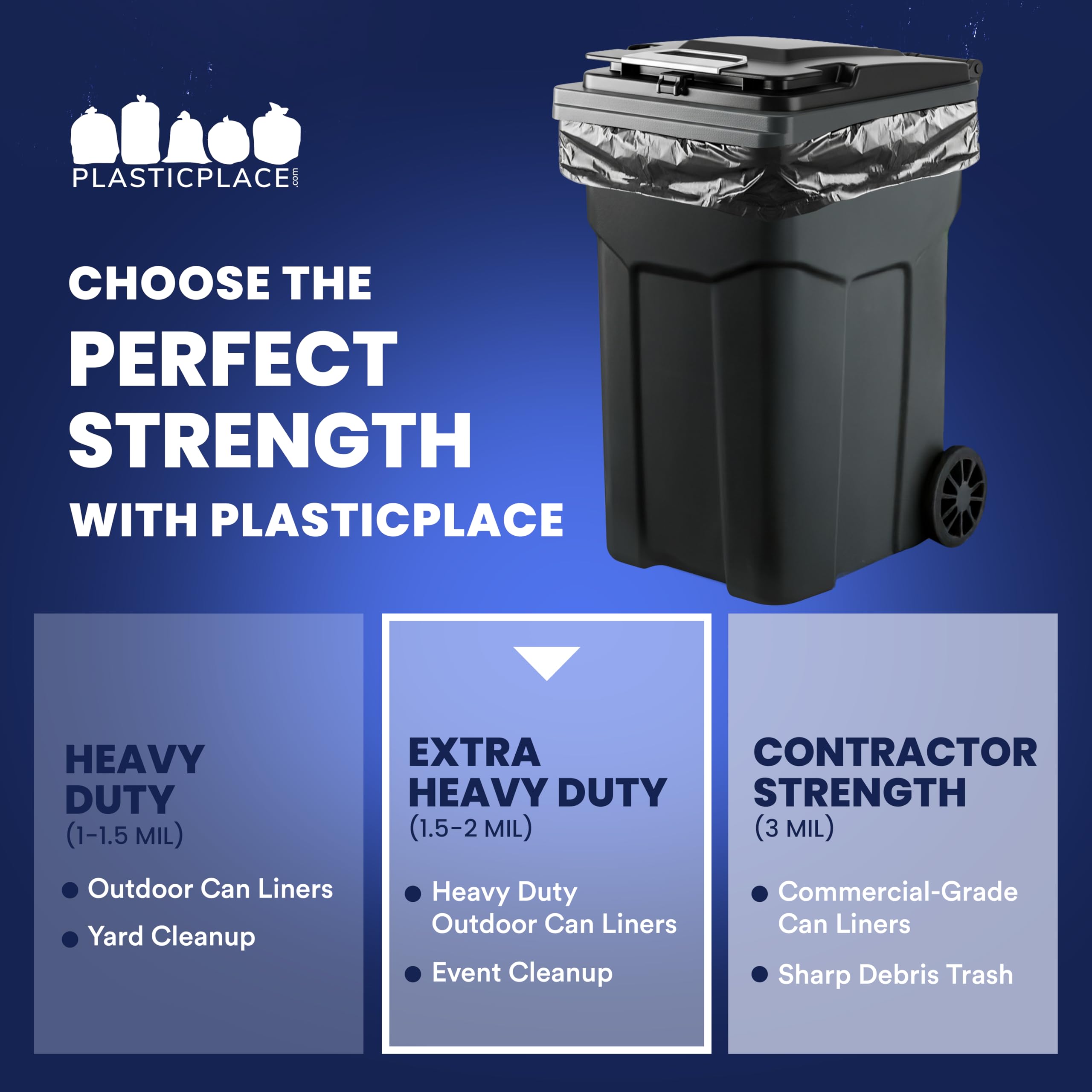 Plasticplace 64-65 Gallon Trash Can Liners for Toter │ 1.5 Mil │ Black Heavy Duty Garbage Bags │ 50” x 60” (25 Count)