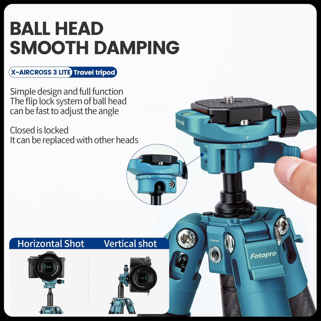 Fotopro 60" Camera Tripod, Carbon Fiber Travel Tripod with 360° Ball Head, Ultralight 2.1lbs, 22lbs Load, Quick Lock, Folds to 14.3" Carry-On, for DSLR Mirrorless Cameras, X-Aircross 3 Blue