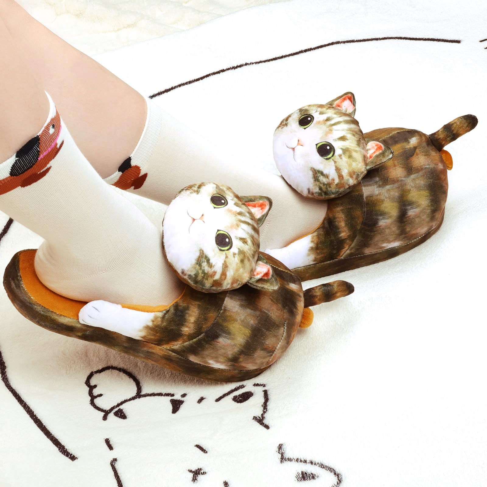 Funny Cat Slippers for Women,Fuzzy Animal Indoor House Shoes with Soft Memory Foam,Comfy Plush Warm Slip-on Slippers,Cat Gifts for Cat Lover
