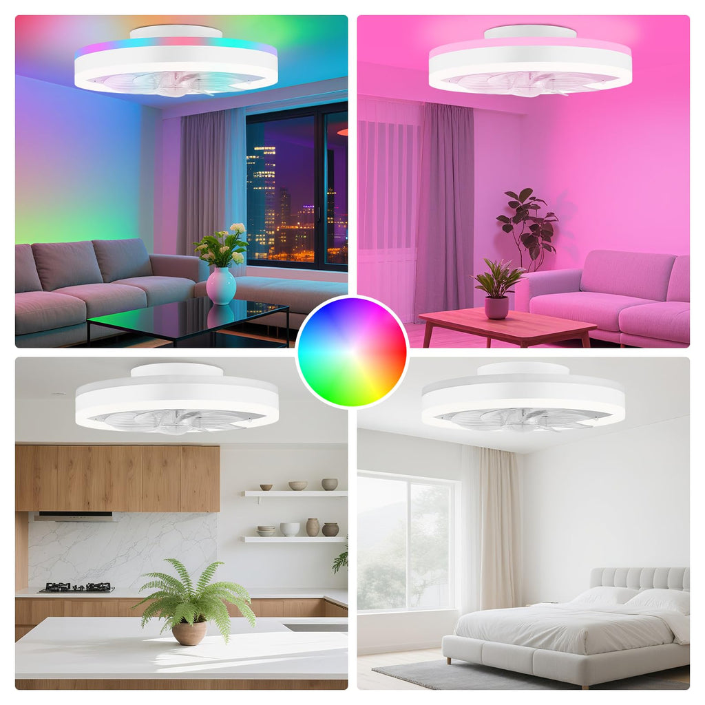 16 Inch RGB Low Profile Ceiling Fans with Lights, Modern Flush Mount Fandelier Chandelier Fixture, Remote & APP Control, Black LED Ceiling Fan Light for Bedroom, Living Room, Kitchen Indoor