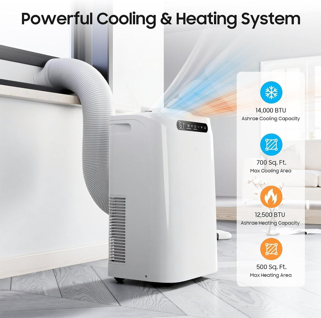 14000 BTU Portable Air Conditioners with Heater,Cools Up to 700 Sq.Ft, Quiet Portable AC Unit with Remote Control & Installation Kits for Large Rooms,White