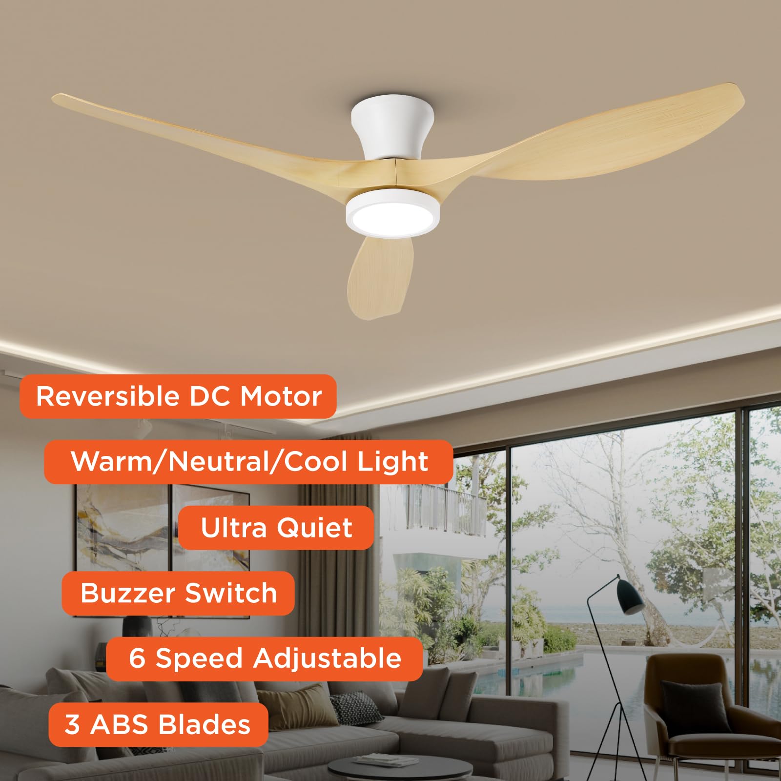 TALOYA Ceiling Fans with Lights,42 inch Modern Low Profile Ceiling Fan with Light and Remote Control, Flush Mount, 3CCT, White Ceiling Fan for Bedroom Living Room and Patio