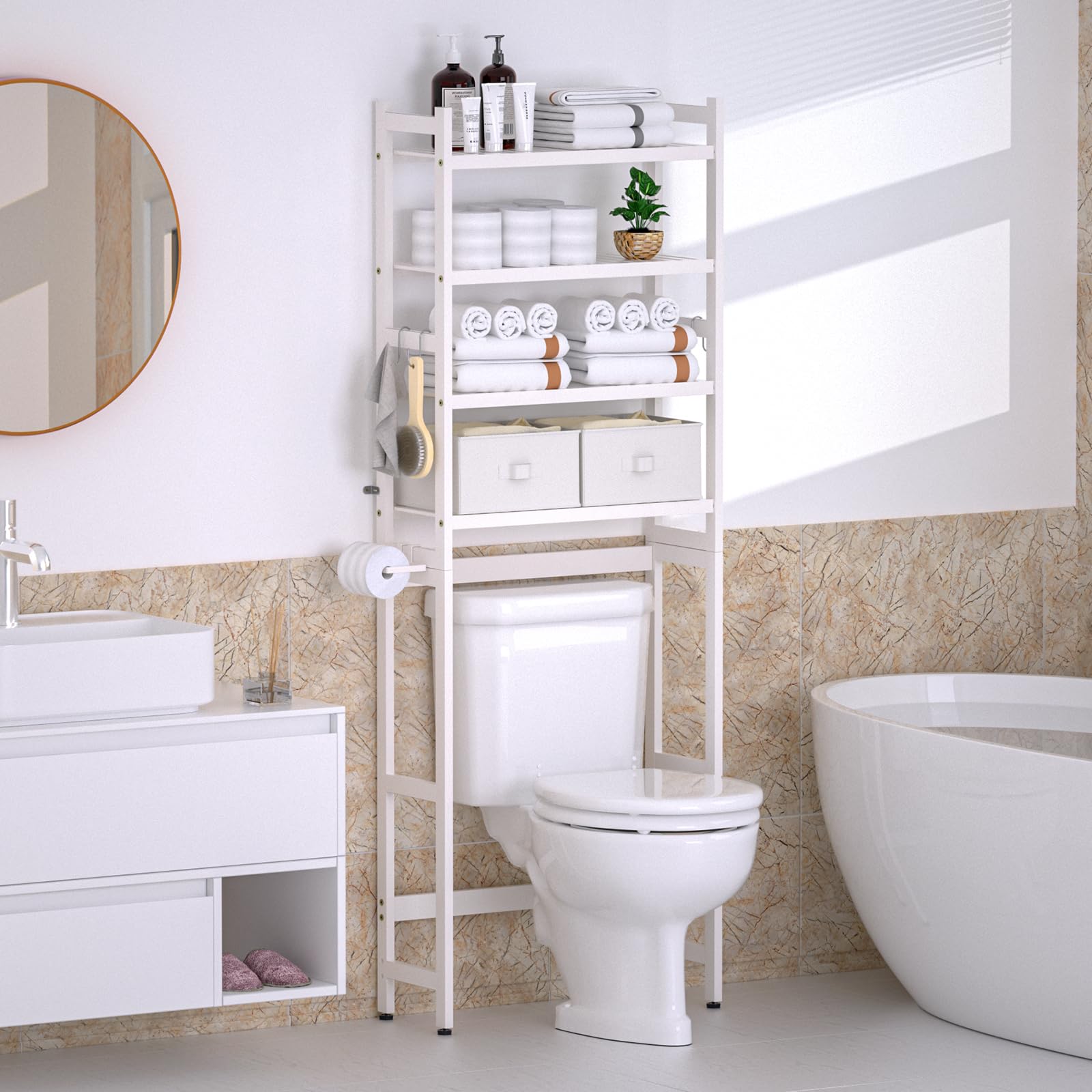 Cozivolife Over The Toilet Storage: 4-Tier Bamboo Organizer Rack with 2 Baskets & Paper Holder & 4 Hooks & Waterproof Feet Pad, Adjustable Freestanding Shelf for Bathroom (Brown)