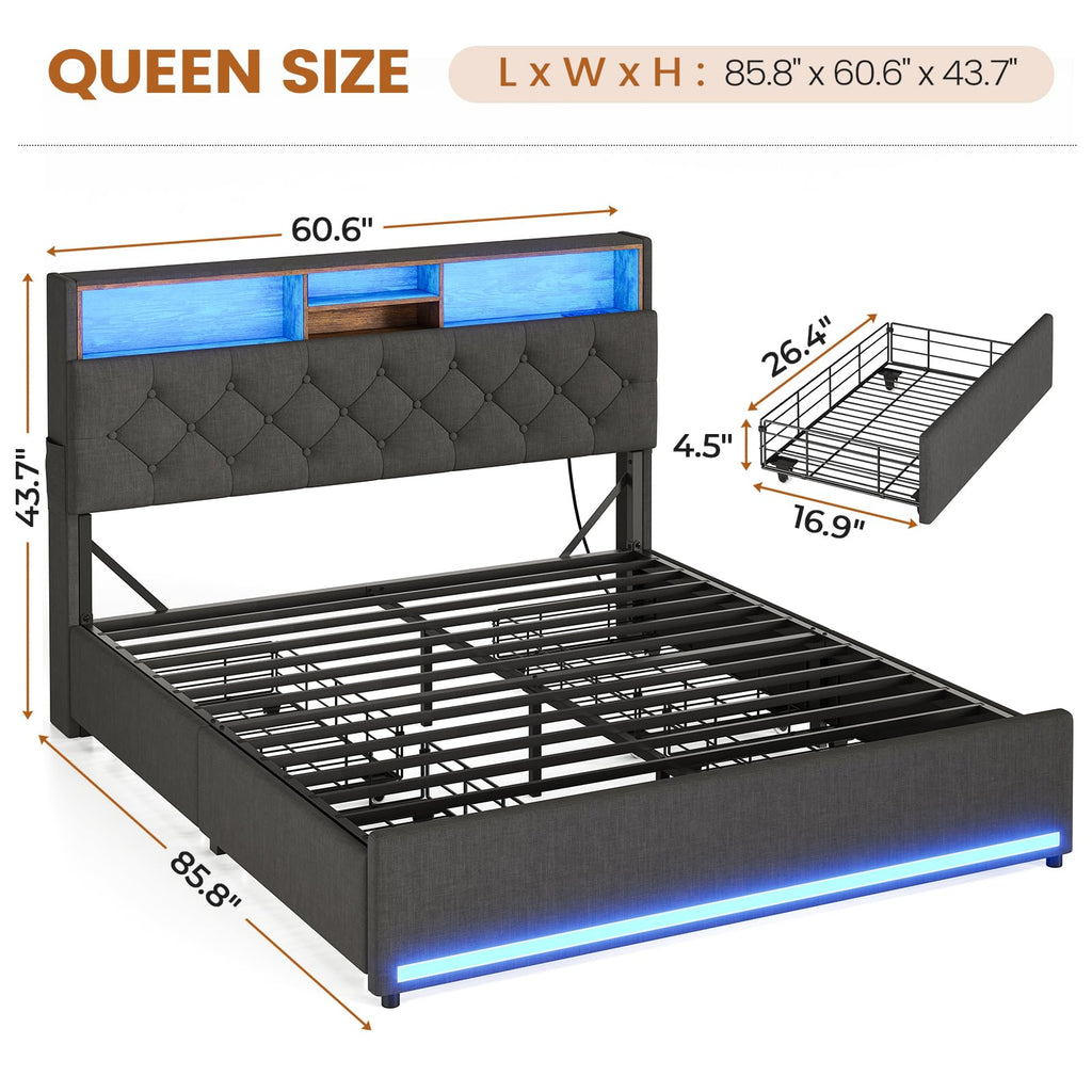 BTHFST Twin Bed Frames with Headboard & 4 Drawers, LED Bed Frame Twin with Charging Station, Upholstered and Metal Twin Bed with Storage, No Box Spring Needed, Black PU
