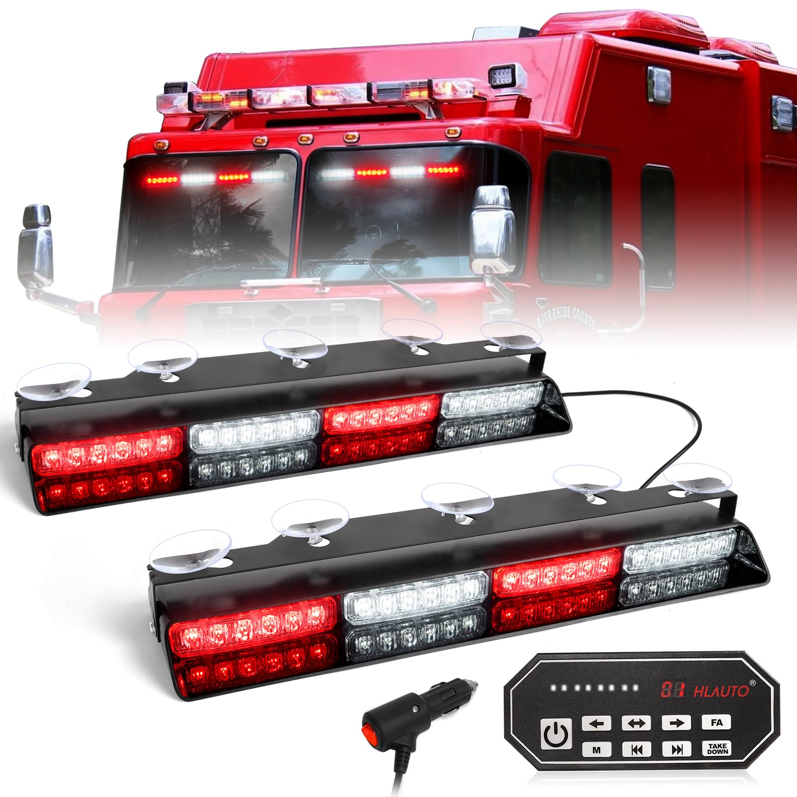 HLauto 604N Emergency Dash Strobe Lights: 2x16.8 inch Amber White Security Light w/Take Down, 48 LED Safety Flashing Warning Hazard Interior Windshield Light Bar for Truck Vehicle