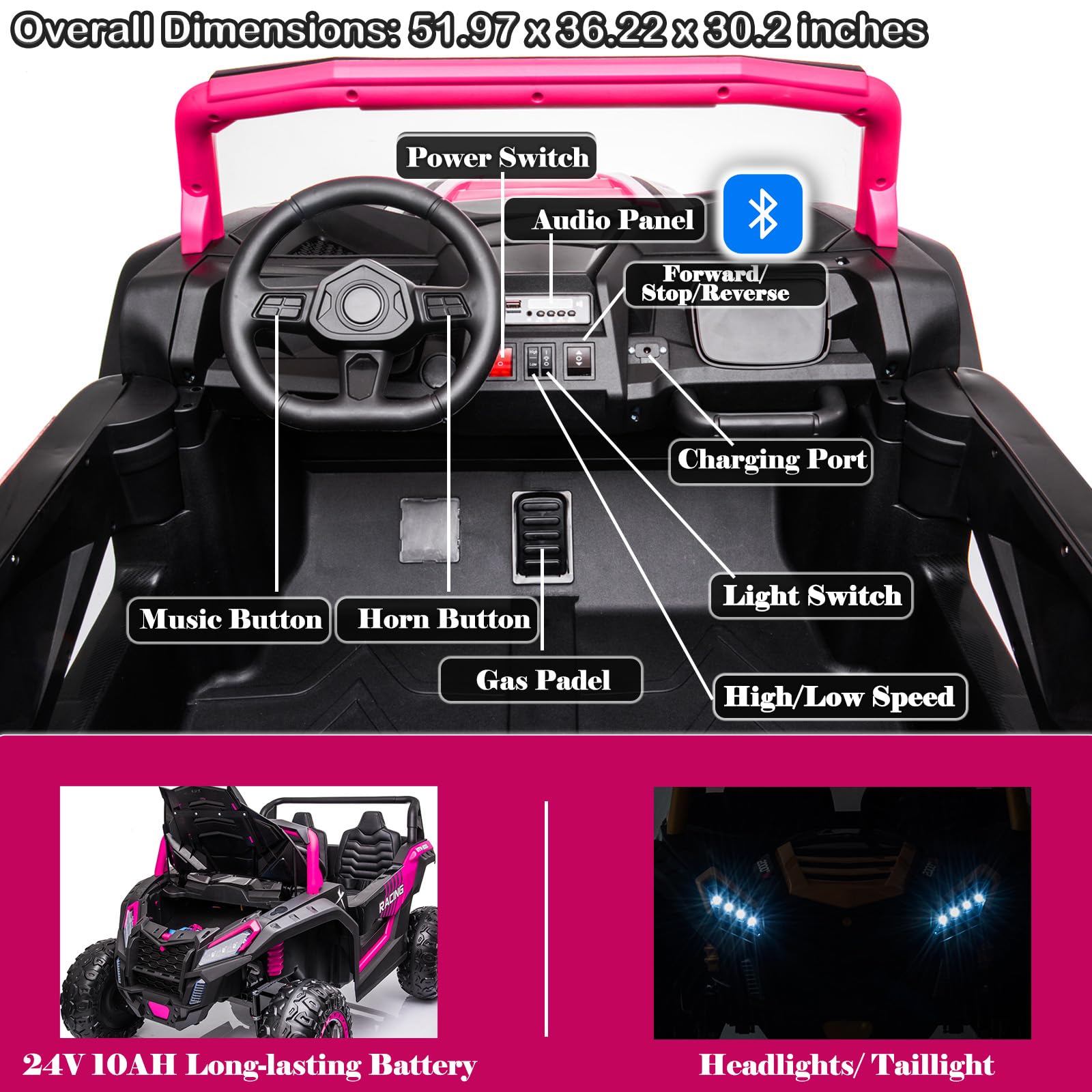 NEWQIDA XXXL 24V Ride On Toys for Big Kids UTV 2 Seater Electric Car w/Remote Control, 4WD Off-Road Side by Side, Max 220lbs, 24.8" Spacious Seat, EVA Tires, Up to 5.6 MPH, Rear Shock Absorbor, Black
