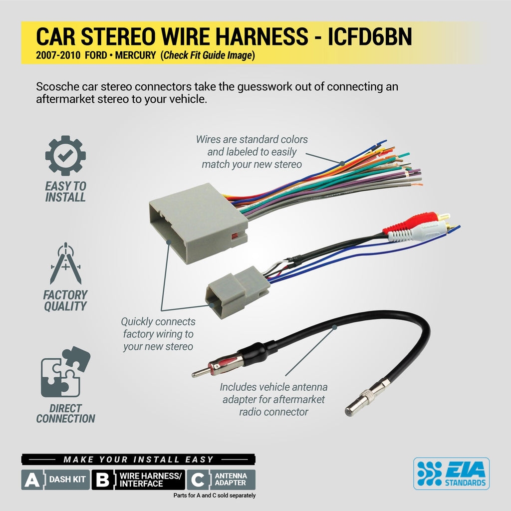 Scosche ICFD6BN Double DIN Radio Installation Dash Kit Compatible with Select 2007-2010 Ford and Mercury Vehicles - Complete Basic Aftermarket Car Stereo Install Kit - See Fit Guide Image for Vehicles